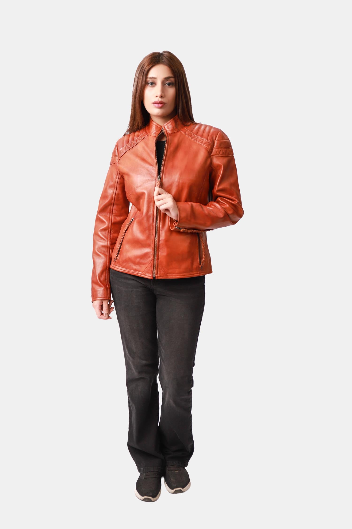 Silph Sienna Brown Cafe Racer Leather Jacket For Women