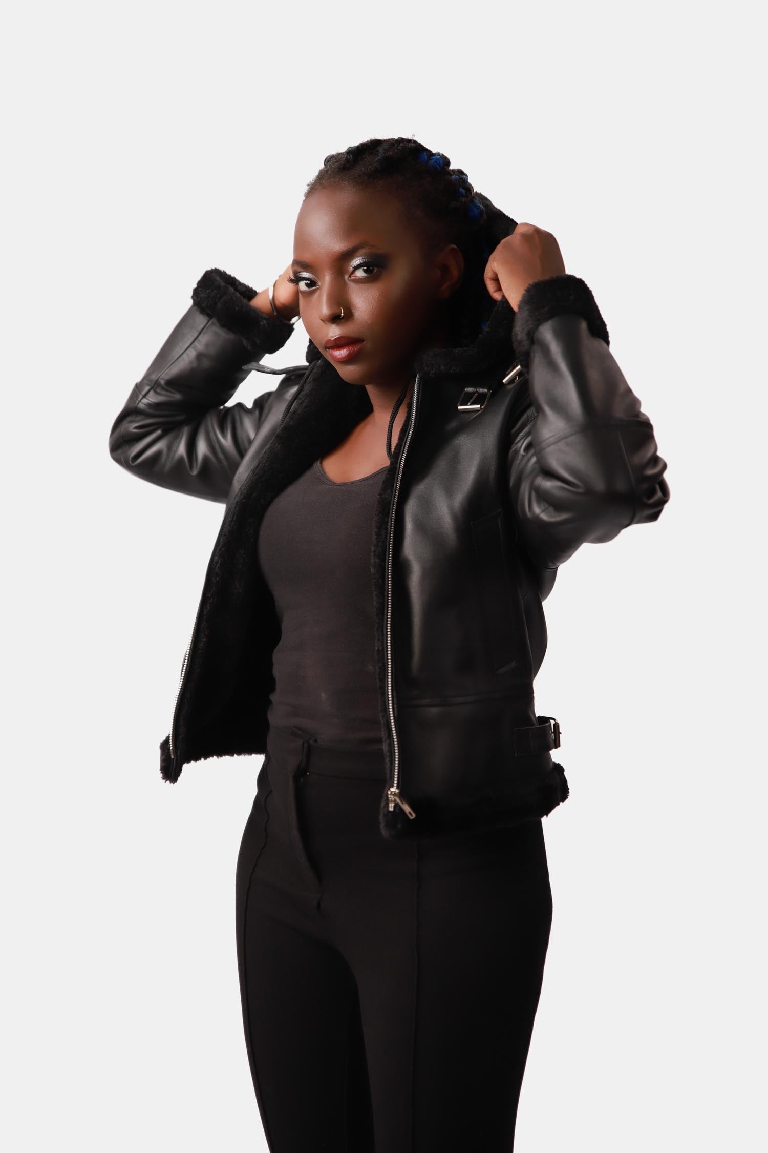 Plush Heavy-Duty B3 Bomber shearling Hooded Leather Jacket For Women