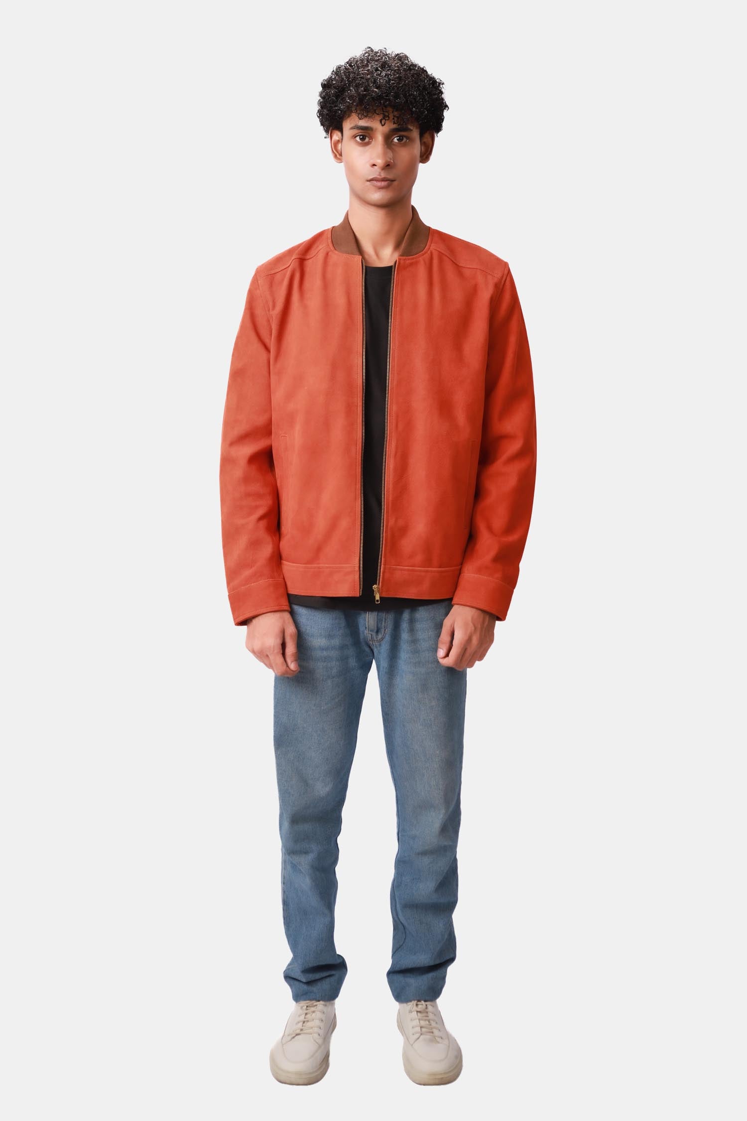 Deric Orange Suede Leather Bomber Jacket For Men