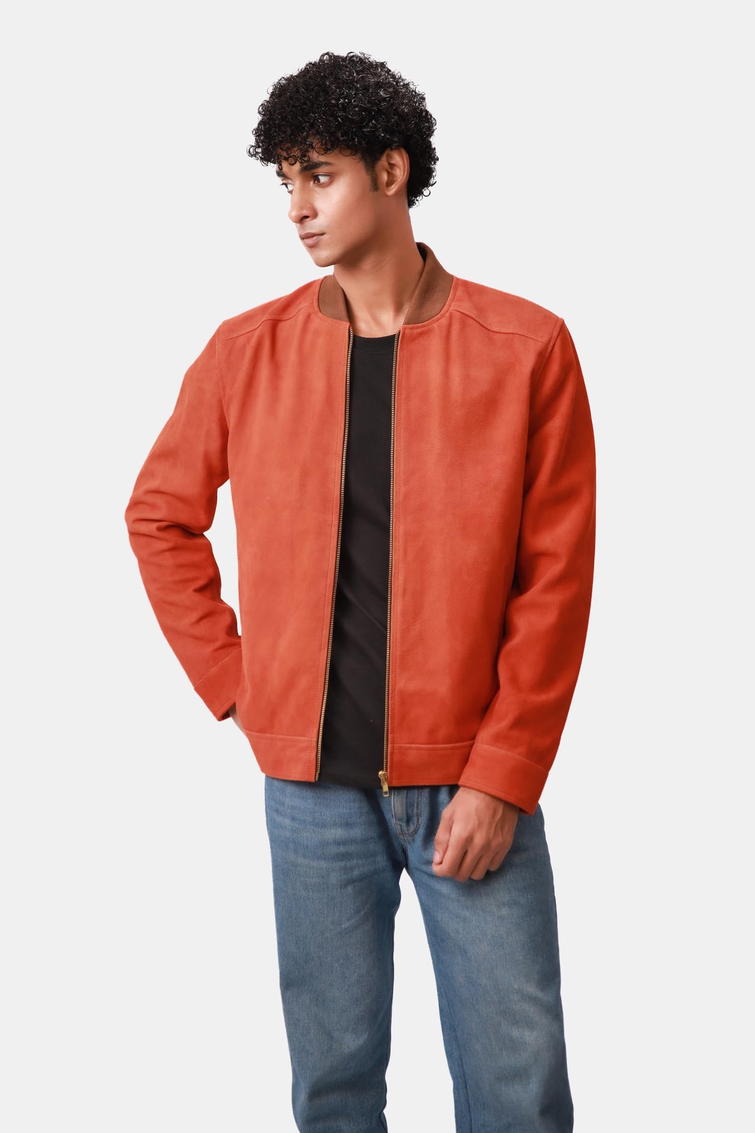 Deric Orange Suede Leather Bomber Jacket For Men