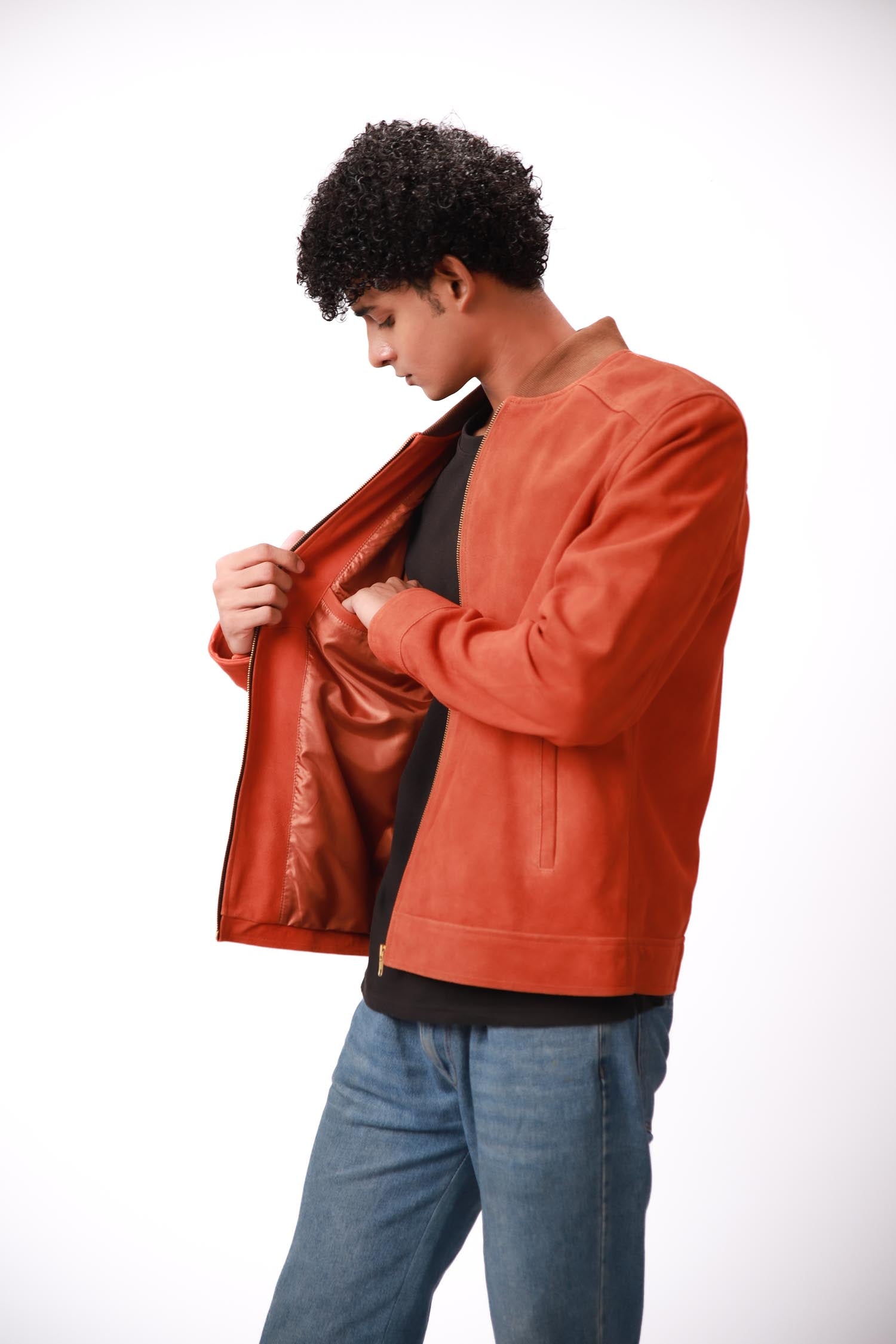 Deric Orange Suede Leather Bomber Jacket For Men