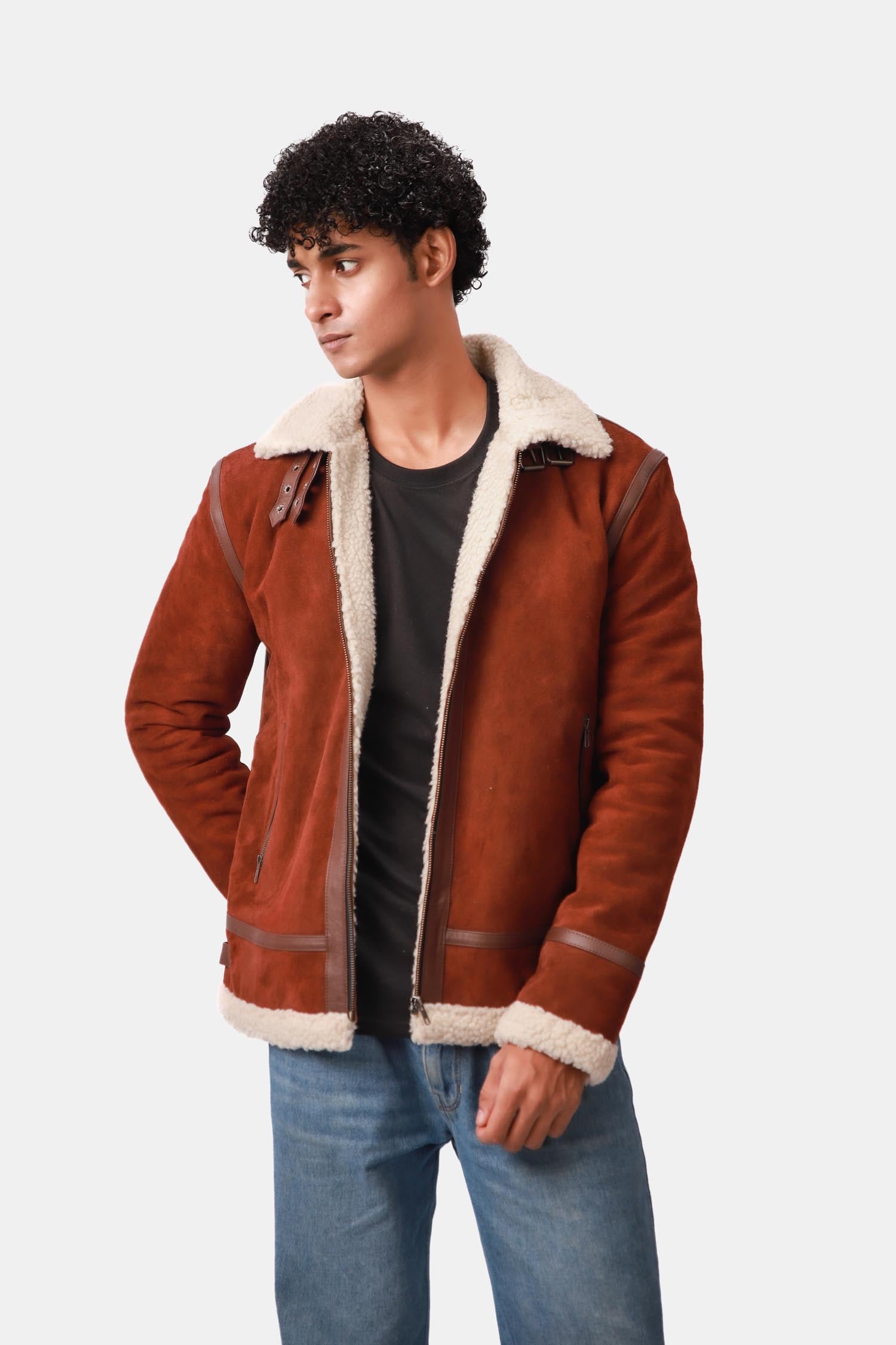 Victorious B-3 Styled Shearling Aviator Suede Leather Jacket For Men
