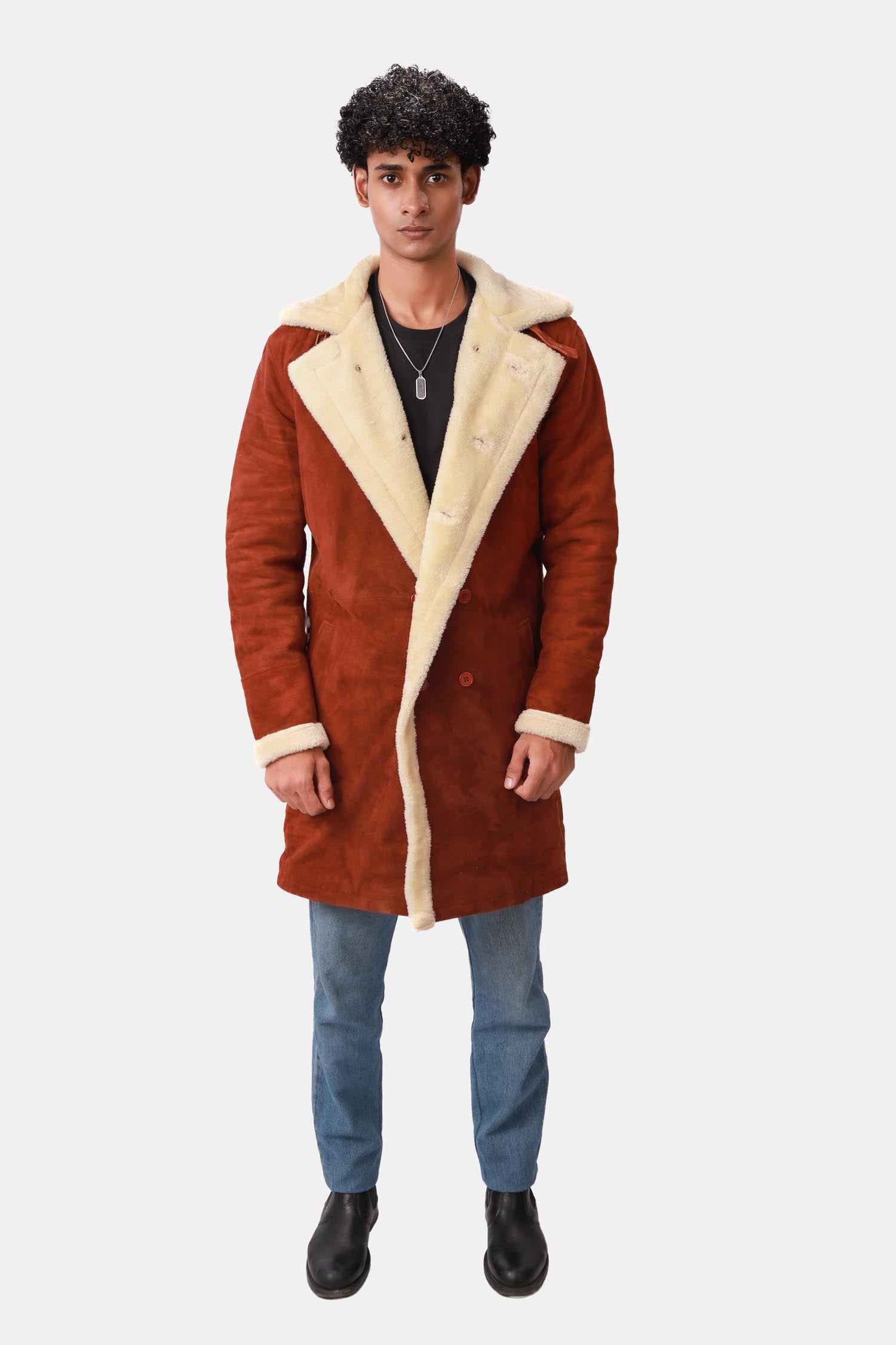 Prestige Rust Brown Shearling Suede Leather Coat