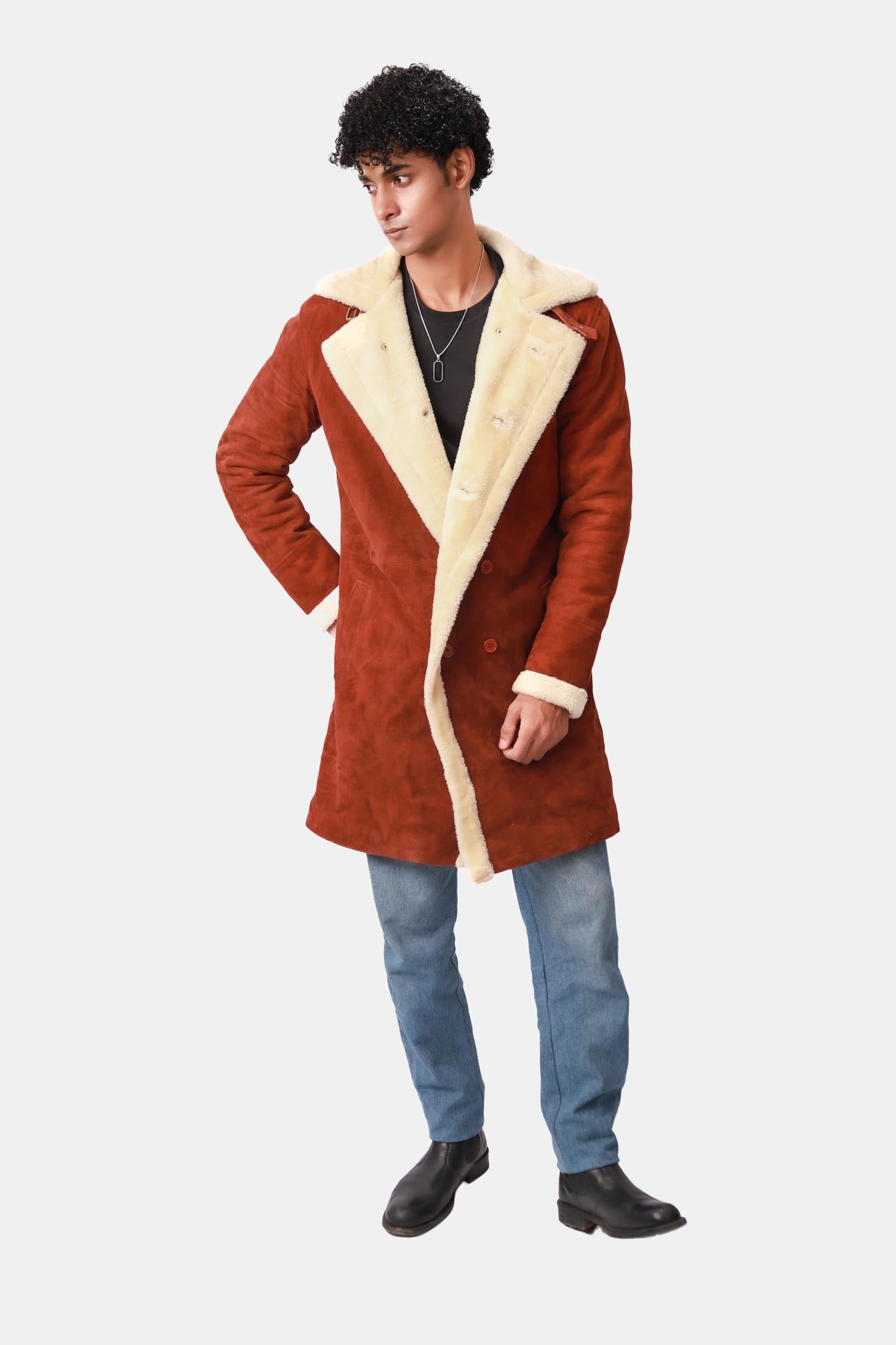 Prestige Rust Brown Shearling Suede Leather Coat