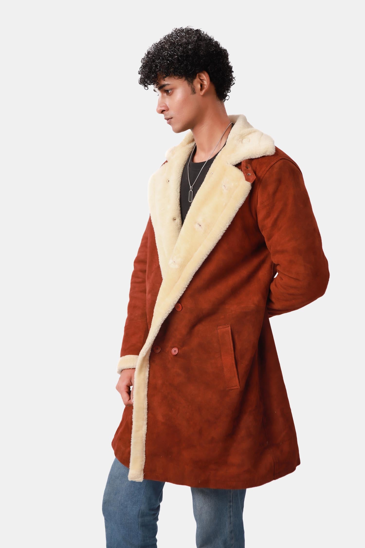 Prestige Rust Brown Shearling Suede Leather Coat