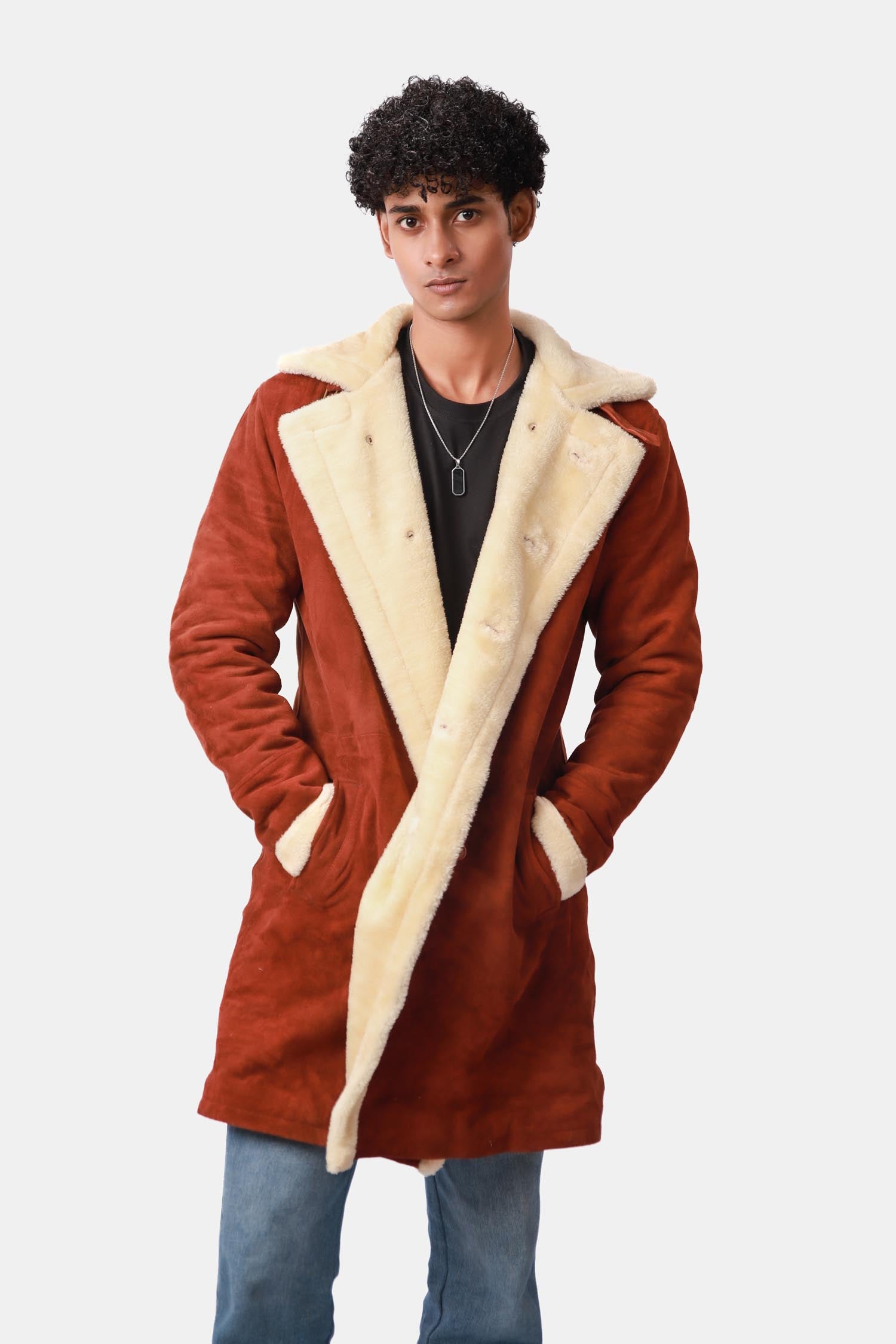 Prestige Rust Brown Shearling Suede Leather Coat