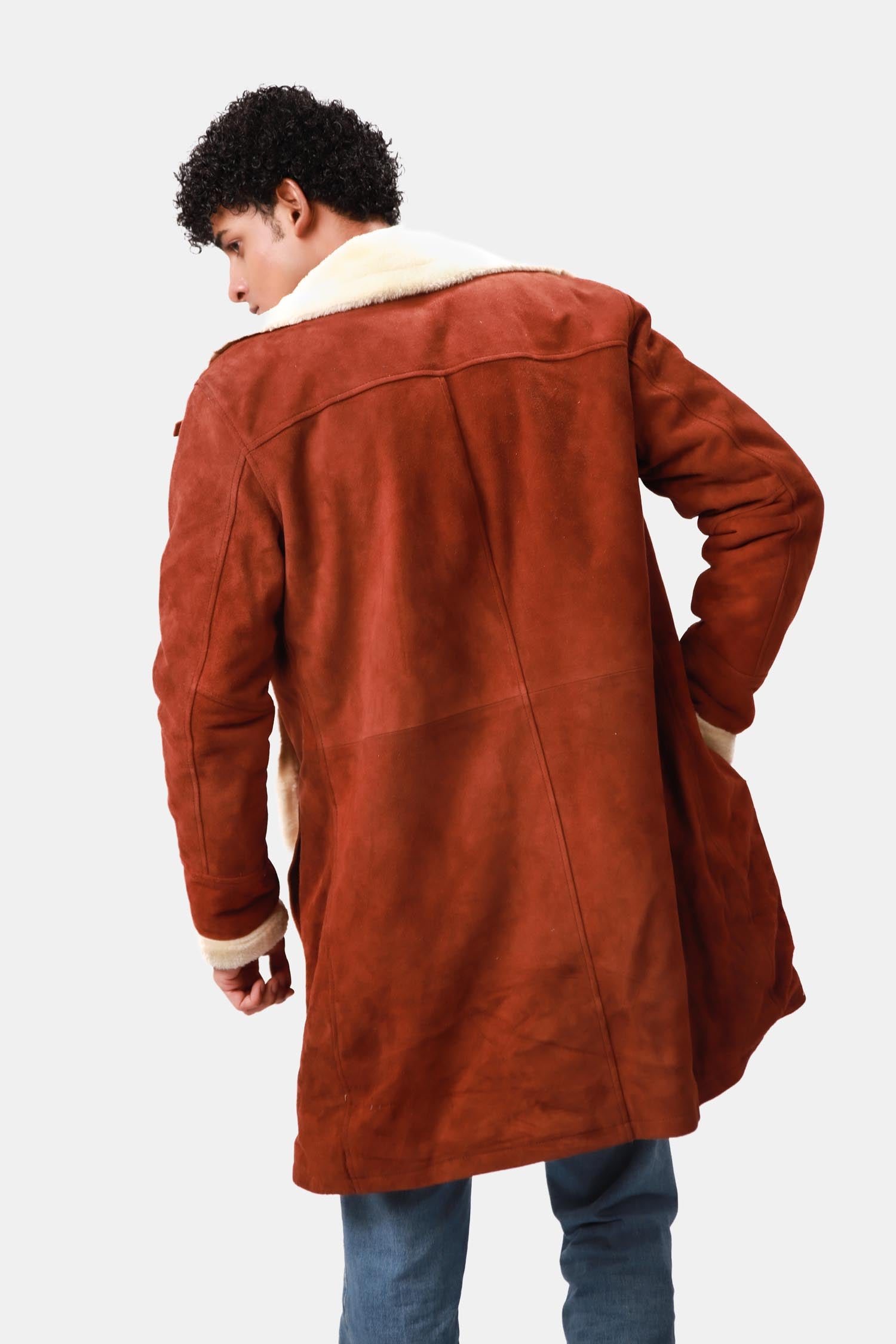 Prestige Rust Brown Shearling Suede Leather Coat