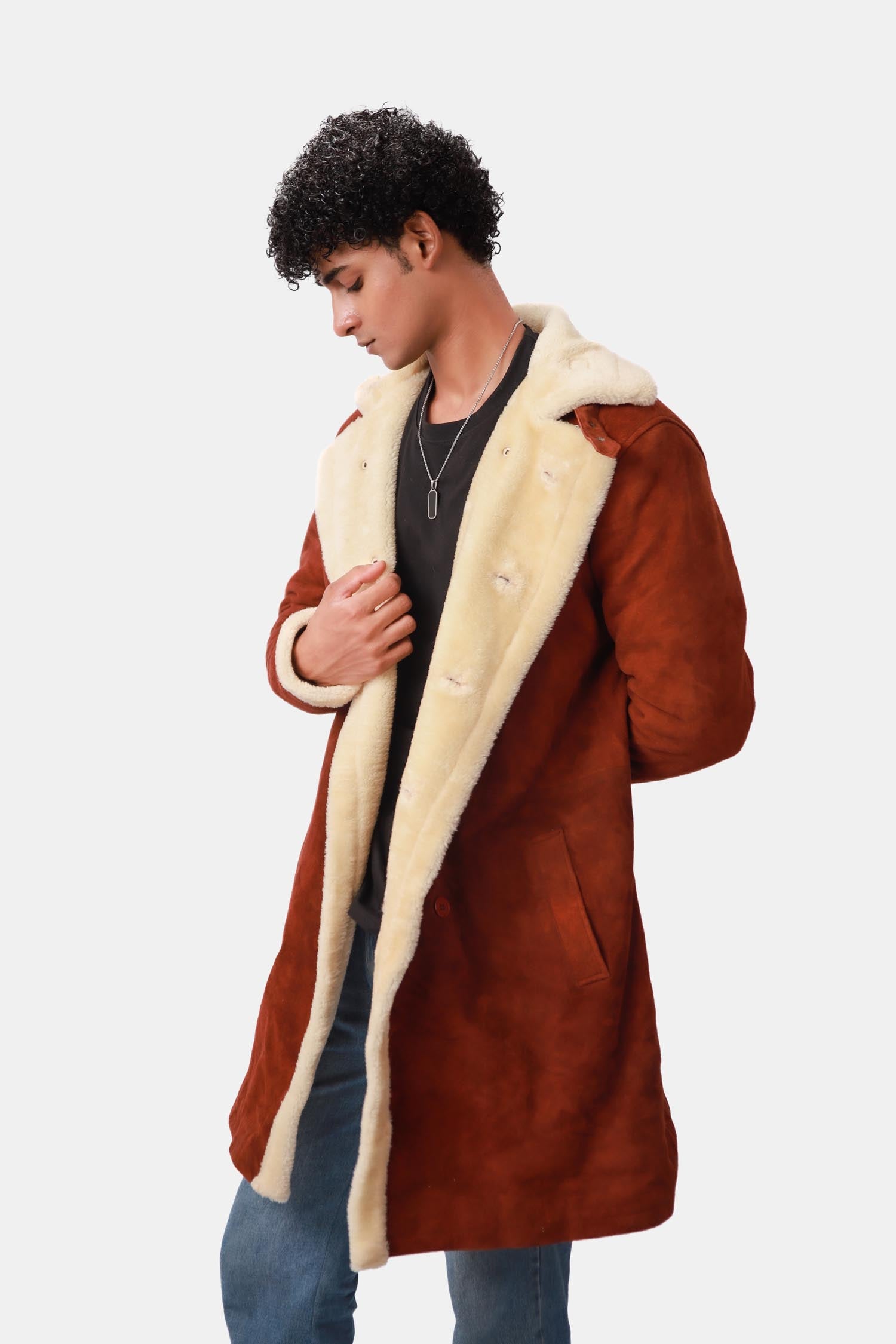 Prestige Rust Brown Shearling Suede Leather Coat