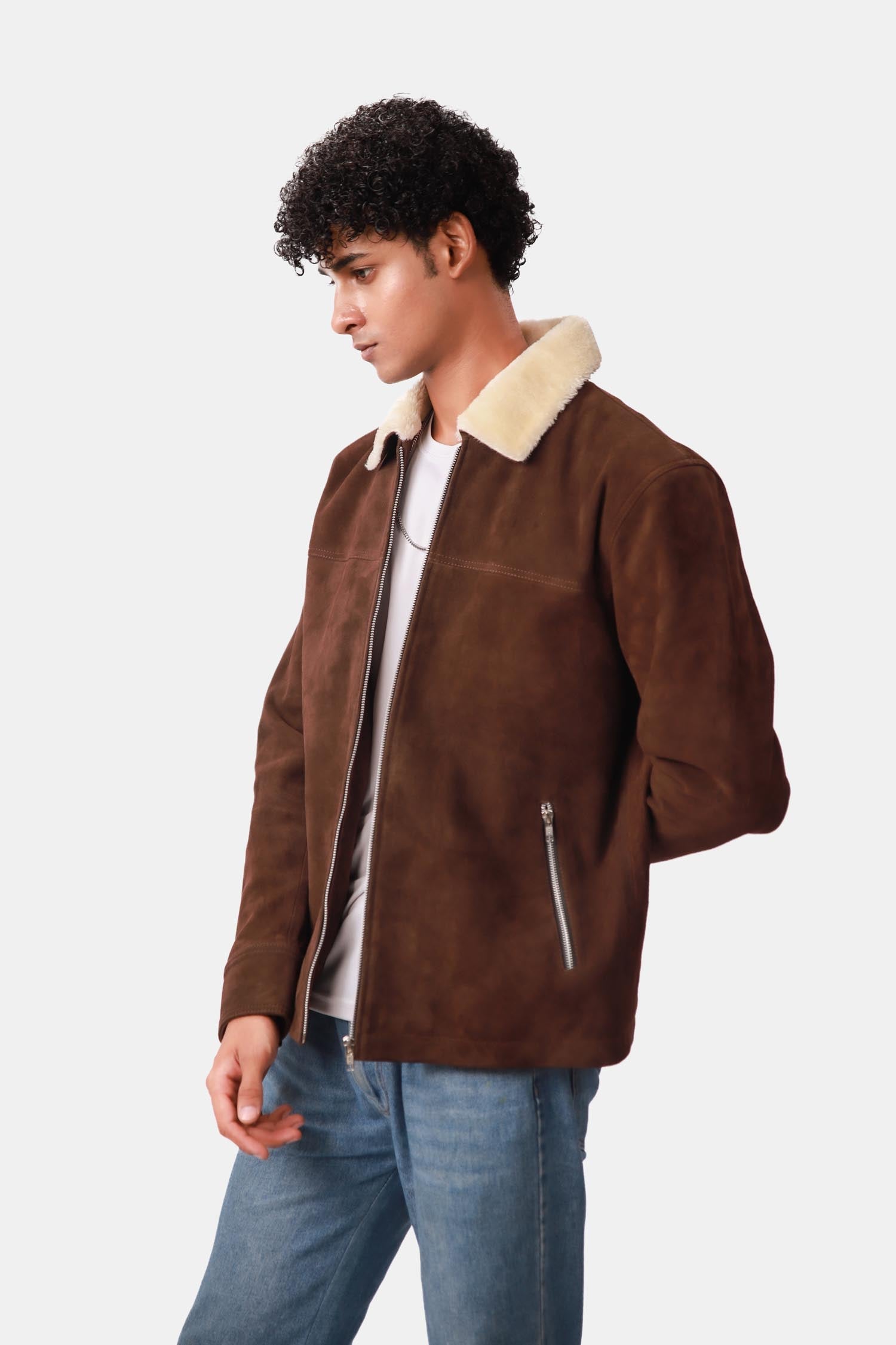 Nightingale Dark Brown Shearling Suede Leather Biker Jacket For Men