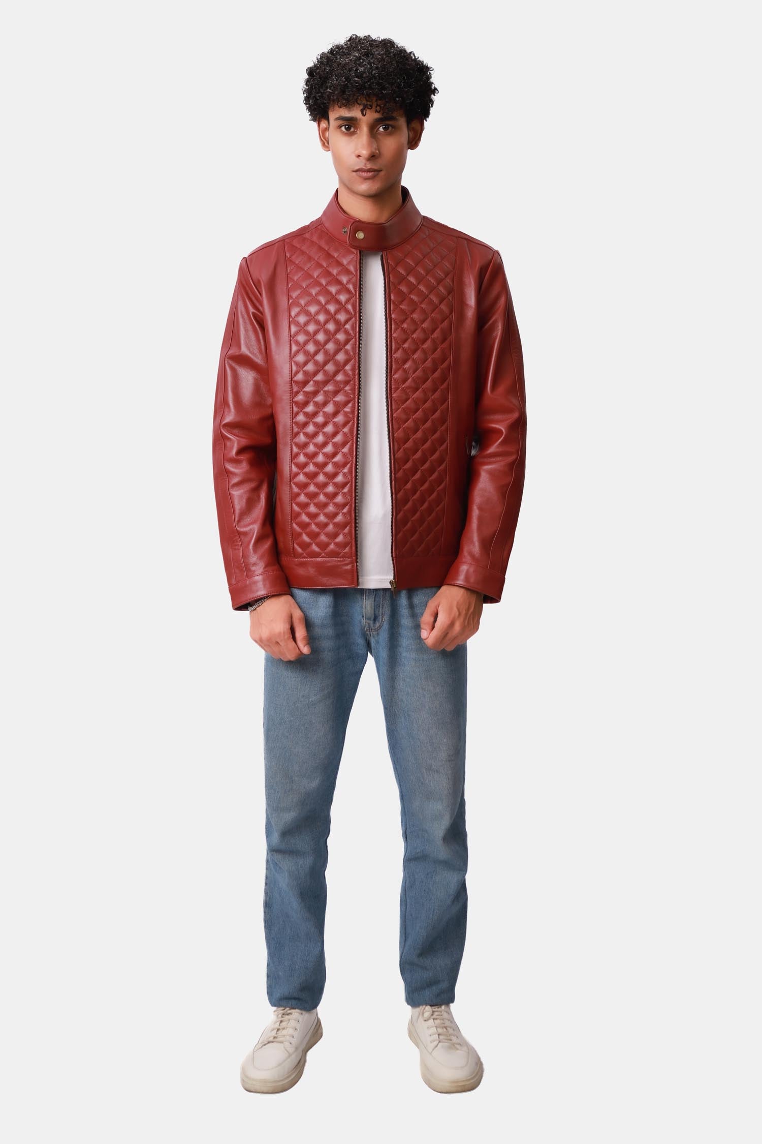 Warlord Deep Scarlet Red Bomber Style Quilted Leather Jacket For Men