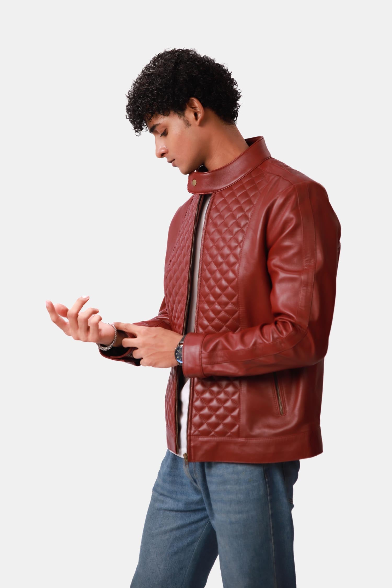 Warlord Deep Scarlet Red Bomber Style Quilted Leather Jacket For Men