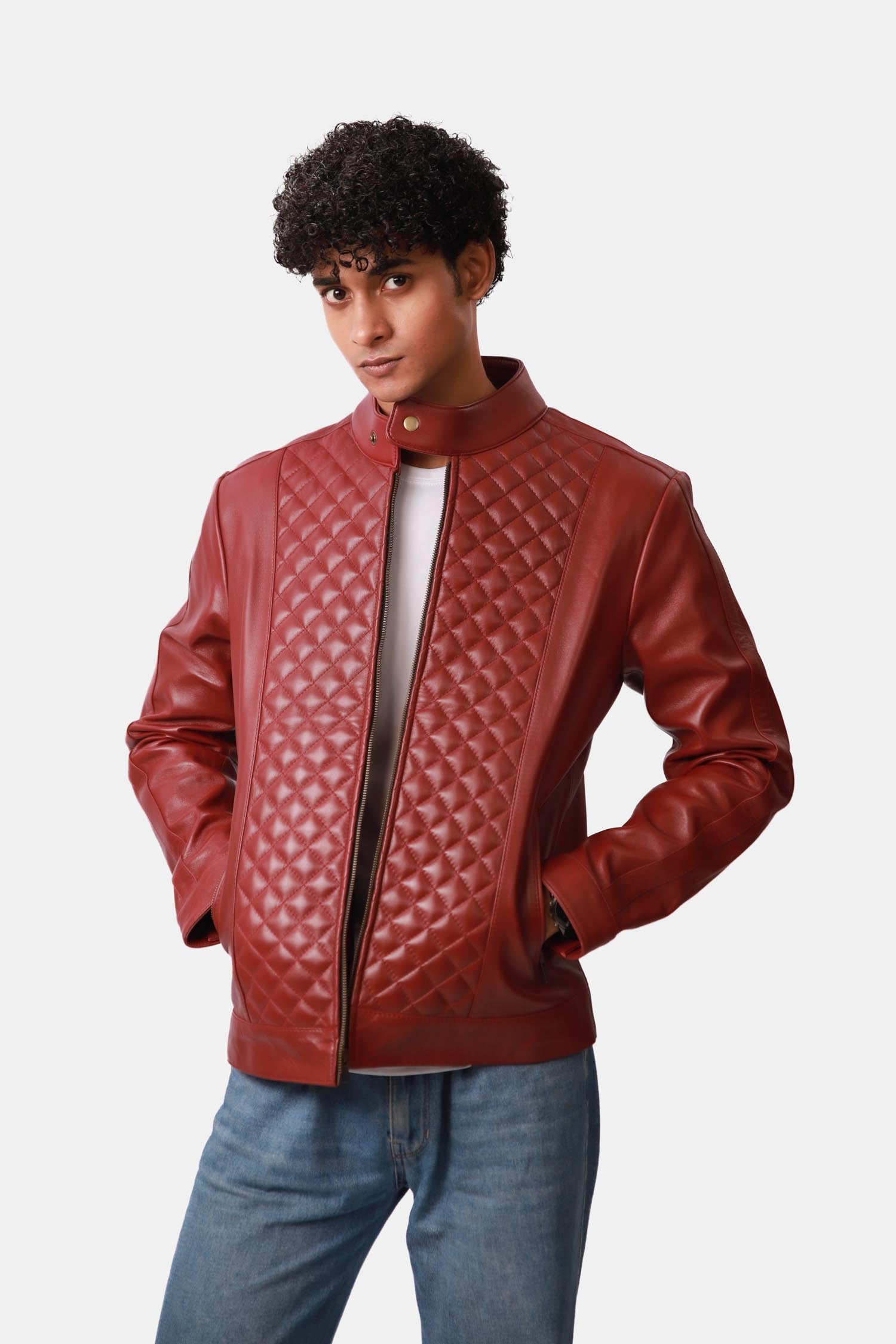 Warlord Deep Scarlet Red Bomber Style Quilted Leather Jacket For Men