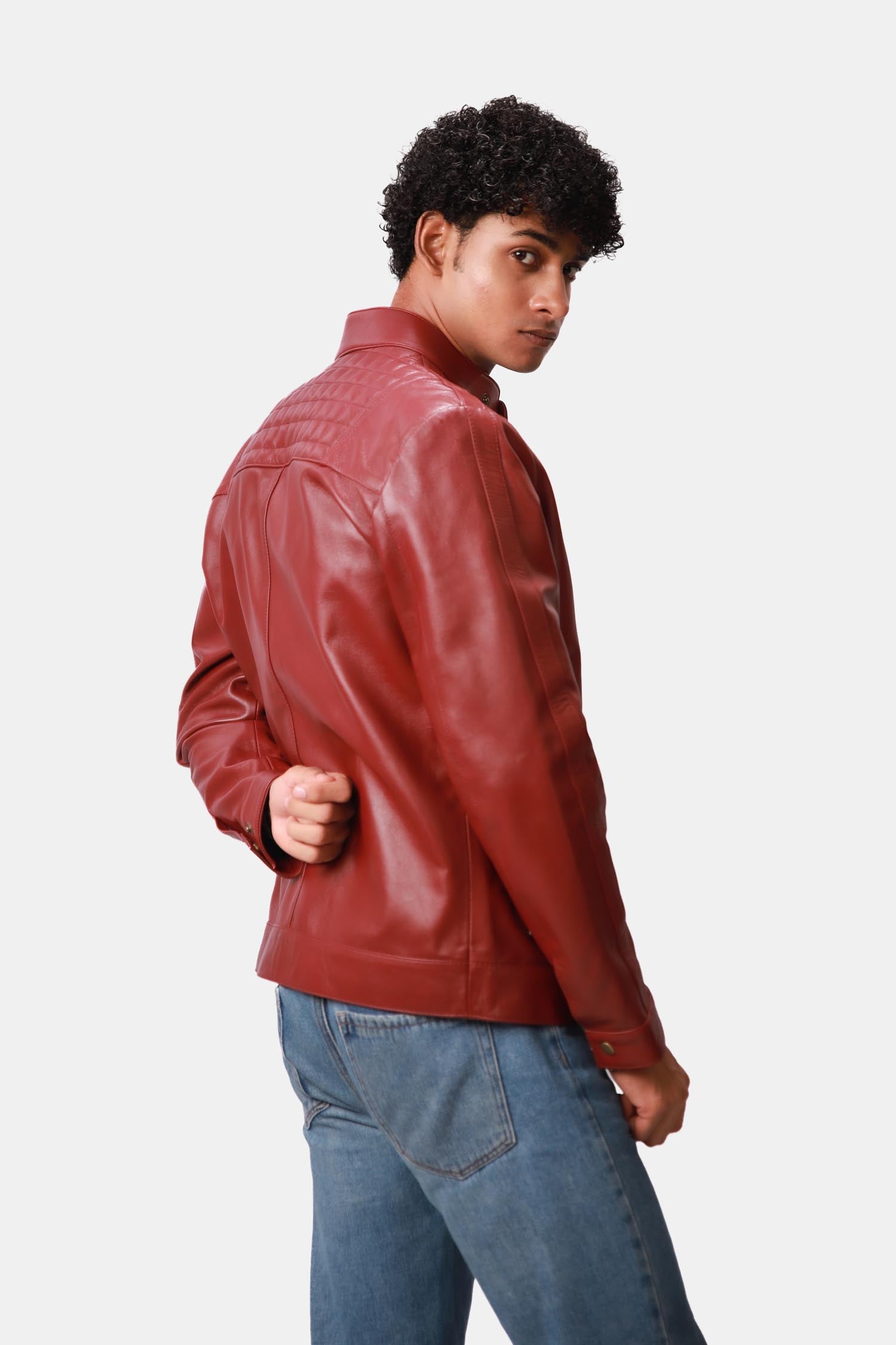 Warlord Deep Scarlet Red Bomber Style Quilted Leather Jacket For Men