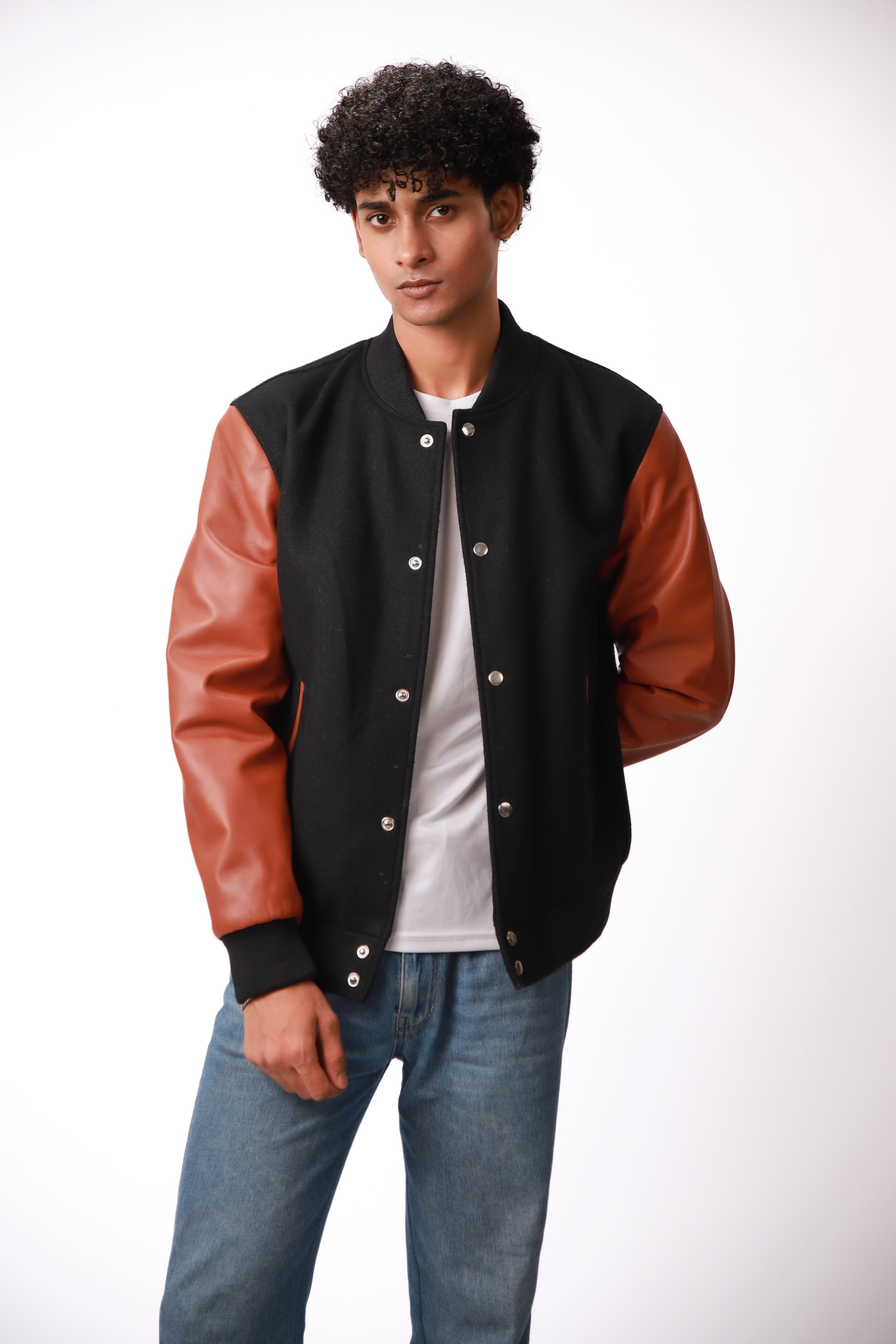 Magnus Black and Sienna Brown Varisty Wool Leather Jacket For Men