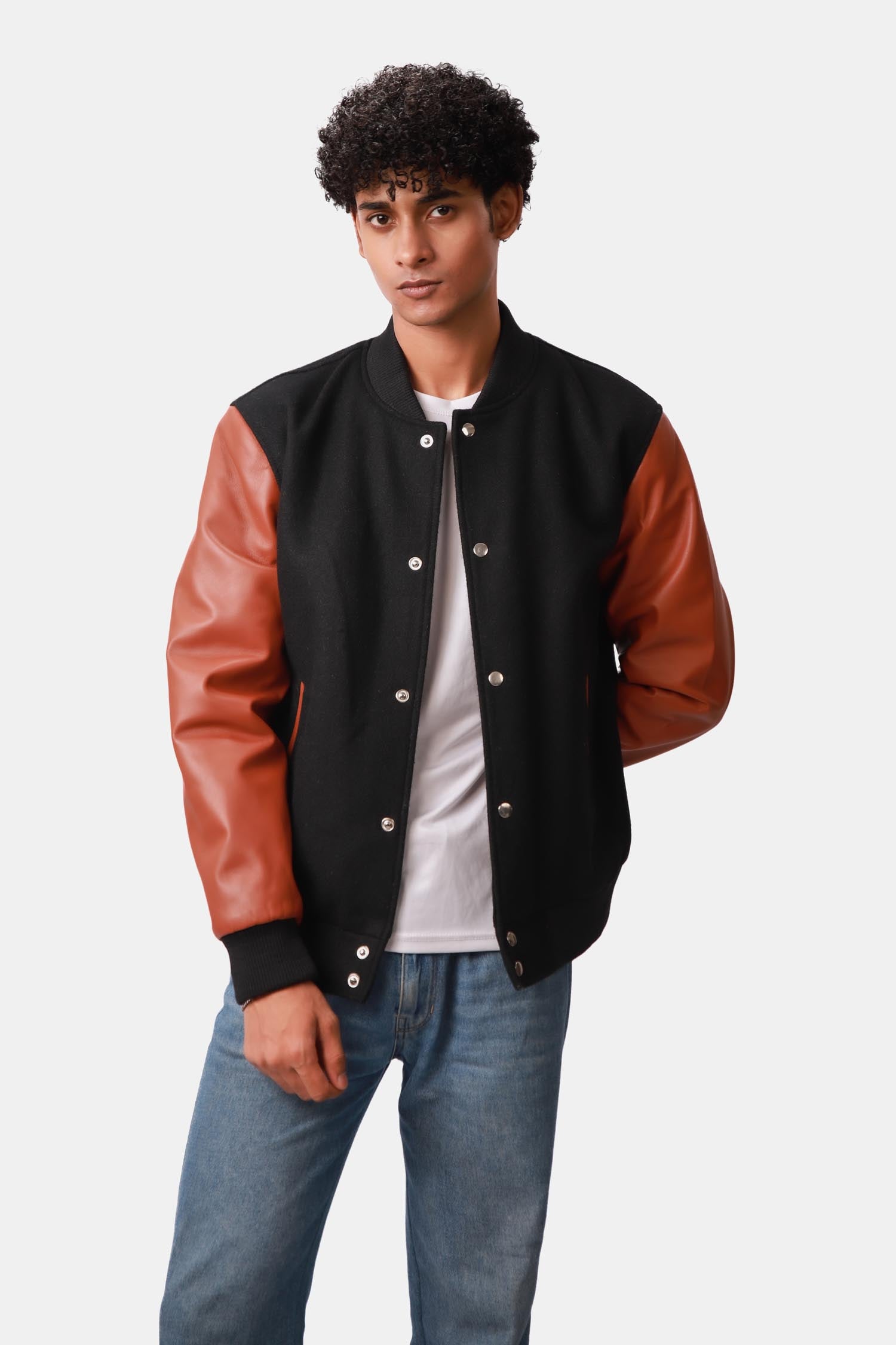 Magnus Black and Sienna Brown Varisty Wool Leather Jacket For Men