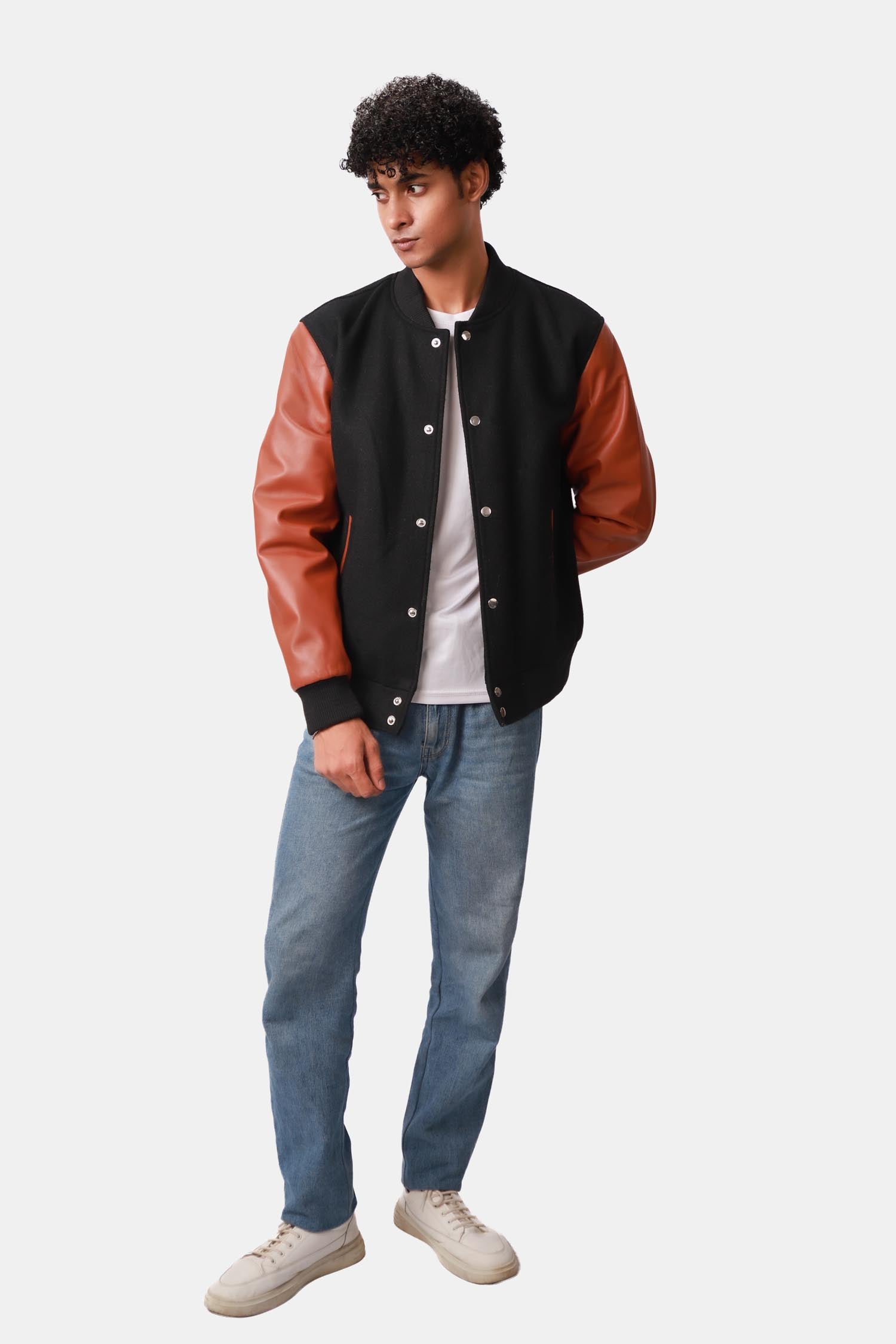 Magnus Black and Sienna Brown Varisty Wool Leather Jacket For Men