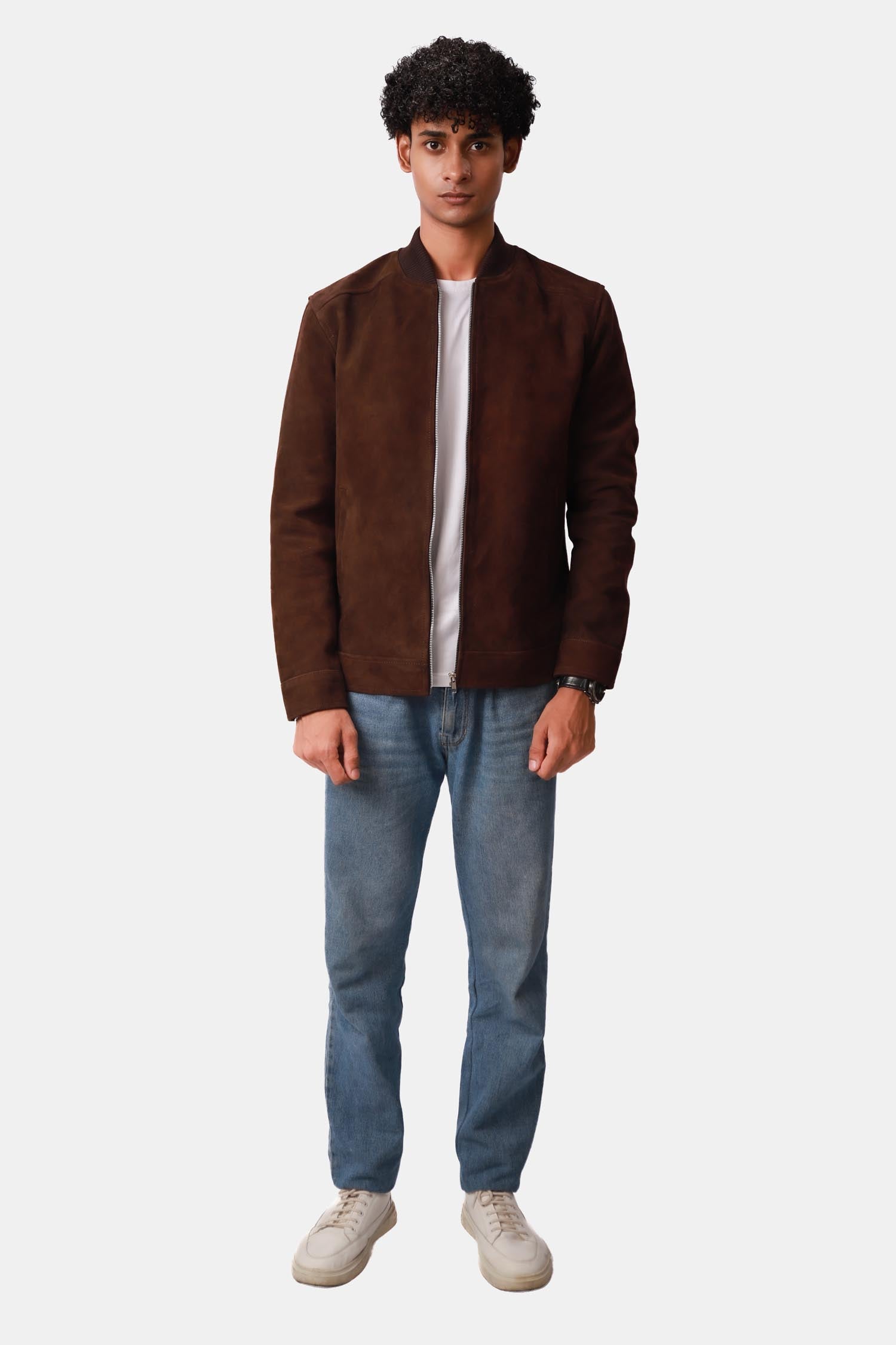 Marvin Dark Brown Suede Leather Bomber Jacket For Men