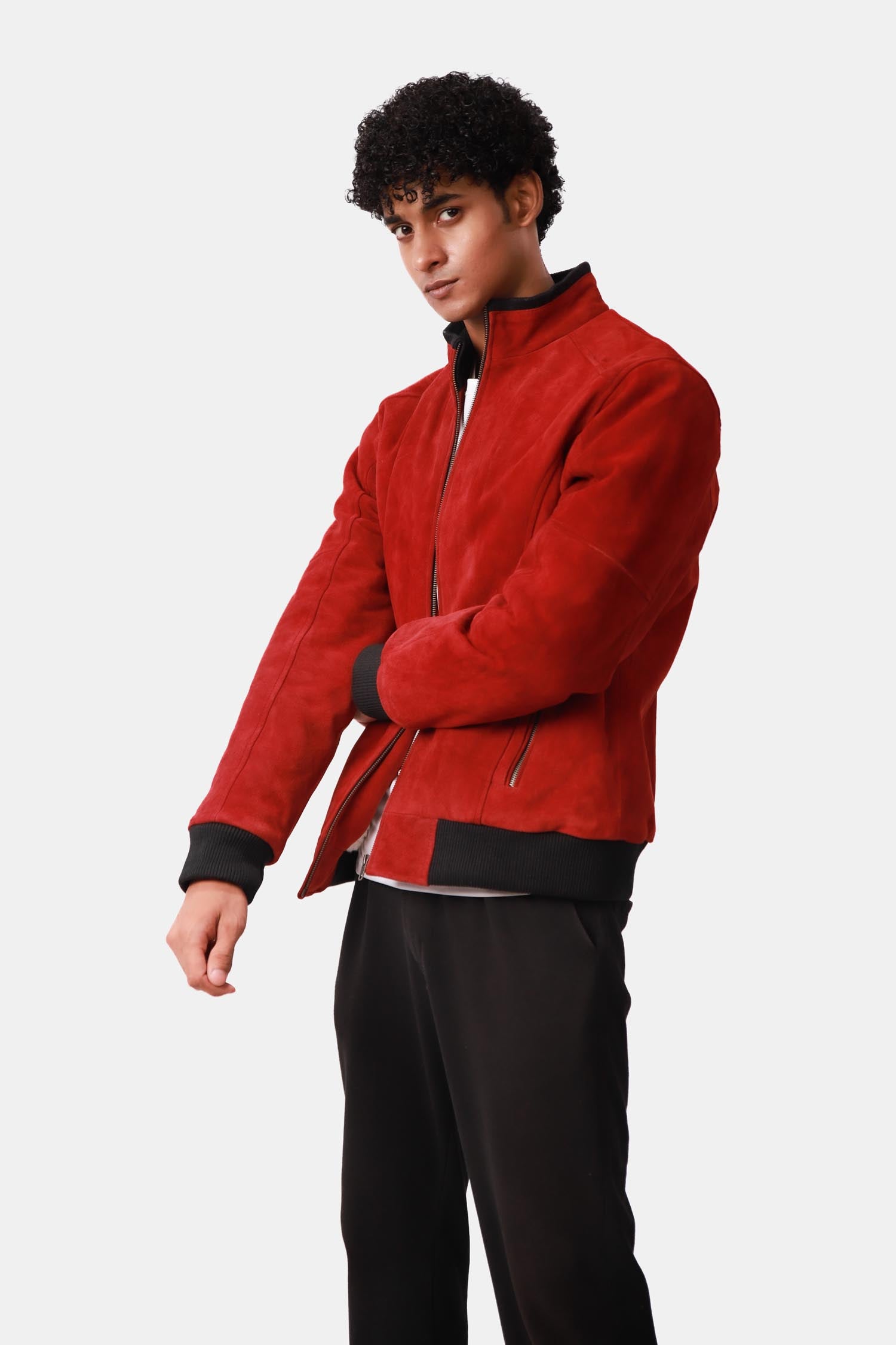 Phoenix Crimson Red Suede Leather Bomber Jacket For Men