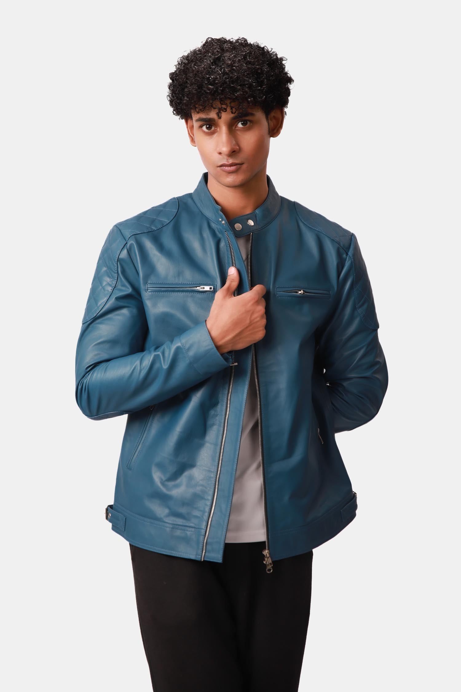 Streety Crystal Teal Blue Cafe Racer Leather Jacket For Men