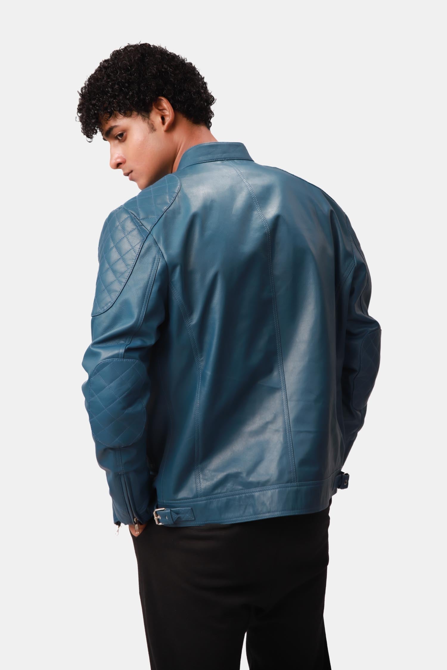 Streety Crystal Teal Blue Cafe Racer Leather Jacket For Men