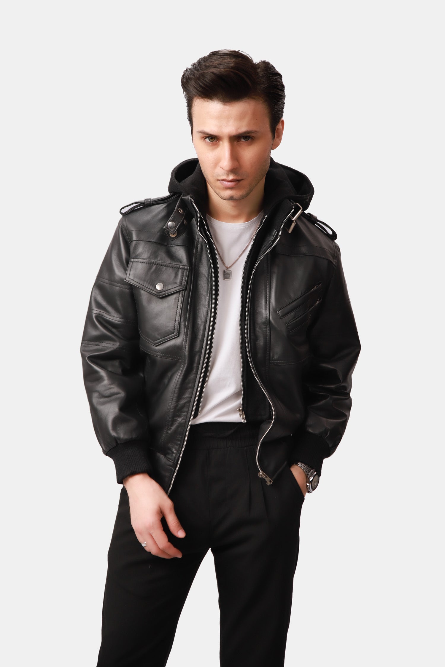 Spazz Black Bomber Leather Jacket with Removable Hood For Men