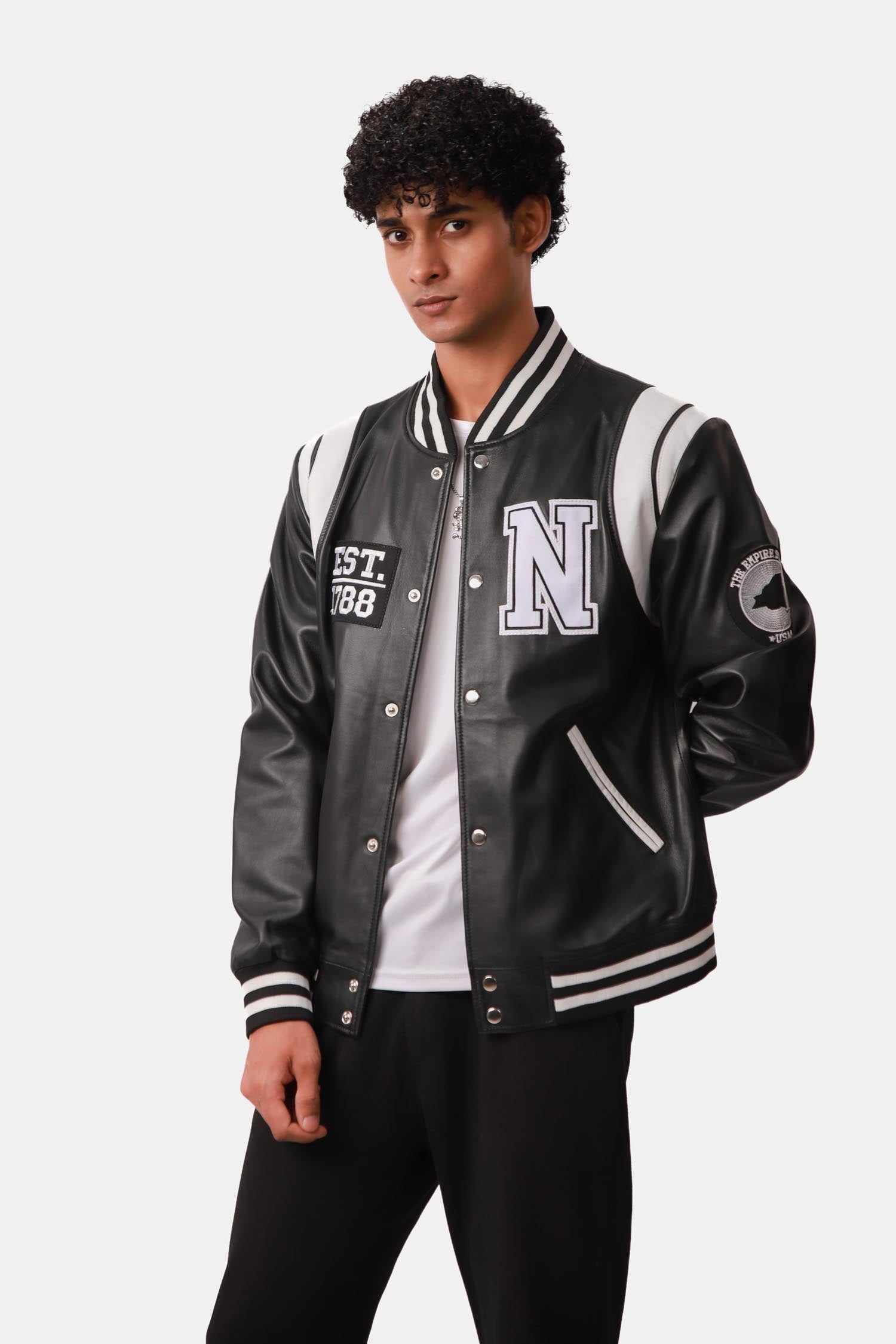 Roadrunner Black and White Varsity Leather Jacket For Men