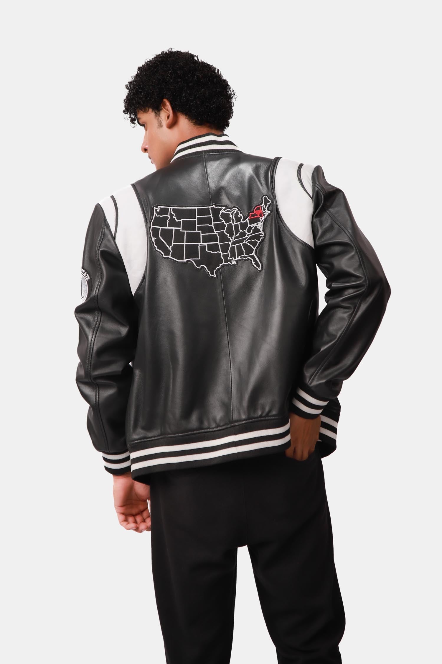 Roadrunner Black and White Varsity Leather Jacket For Men