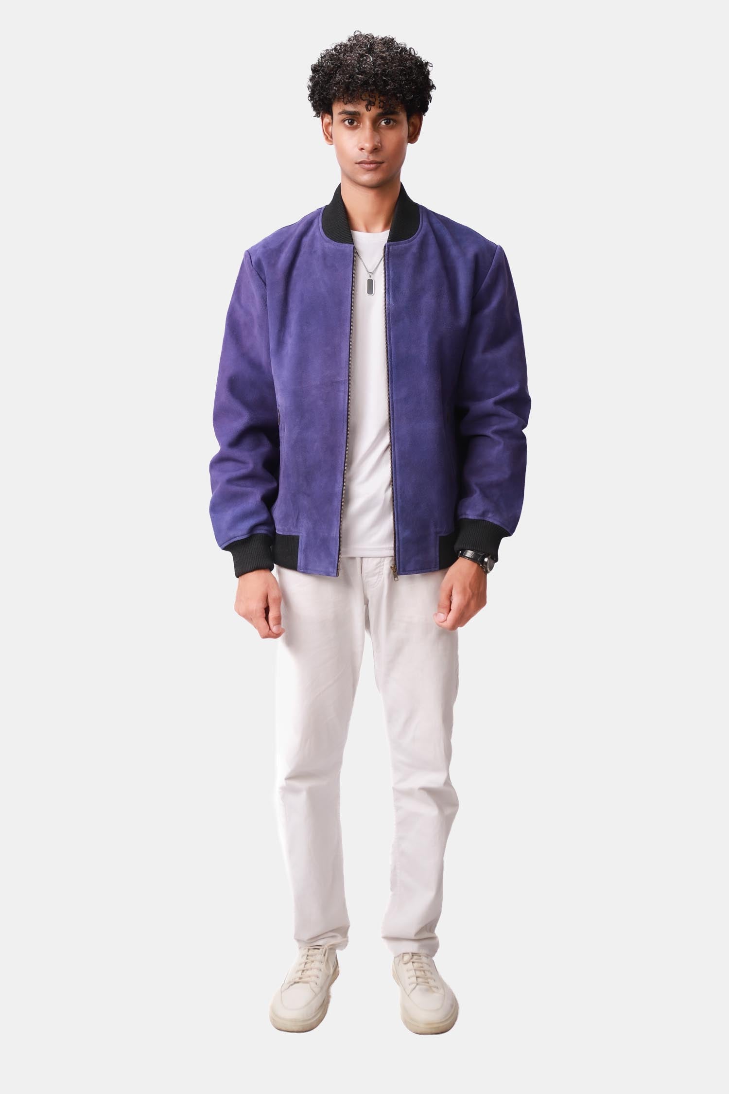 Solitaire Indigo Suede Leather Bomber Jacket For Men