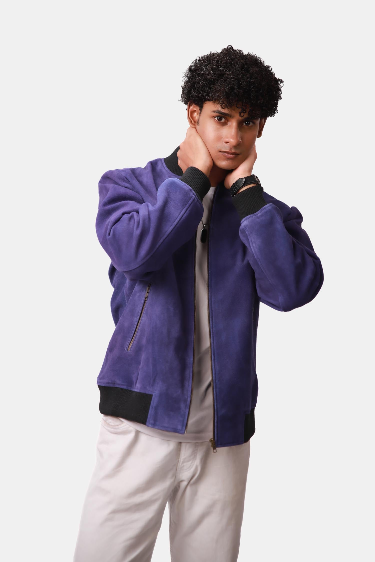 Solitaire Indigo Suede Leather Bomber Jacket For Men