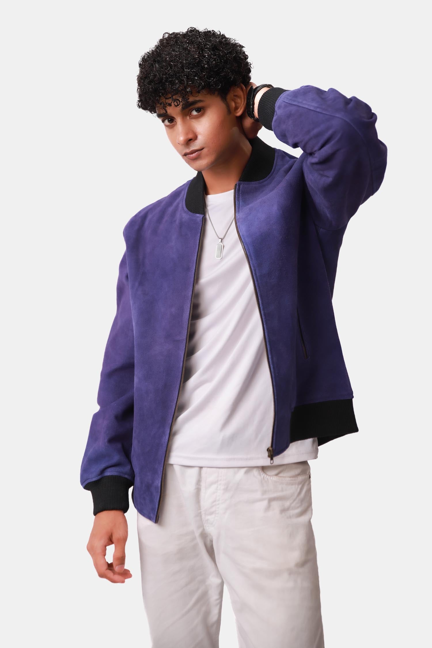 Solitaire Indigo Suede Leather Bomber Jacket For Men
