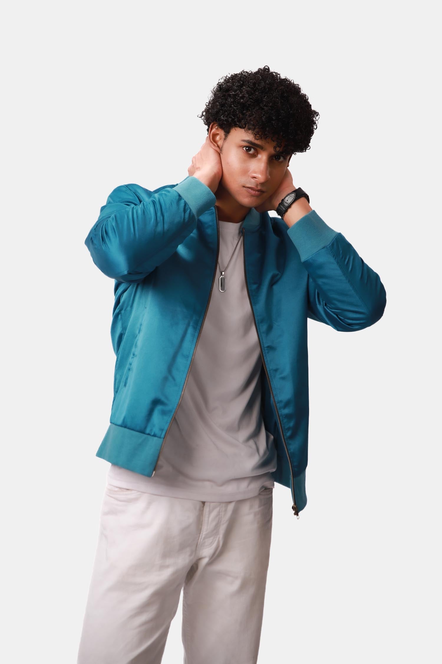 Enliven Turquoise Blue Bomber Jacket For Men