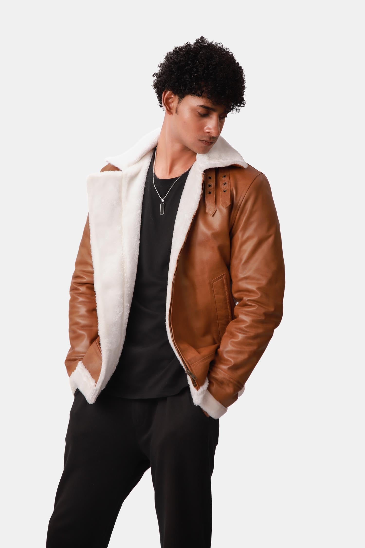 Marshmelt Camel Brown B3 Bomber Shearling Leather Jacket