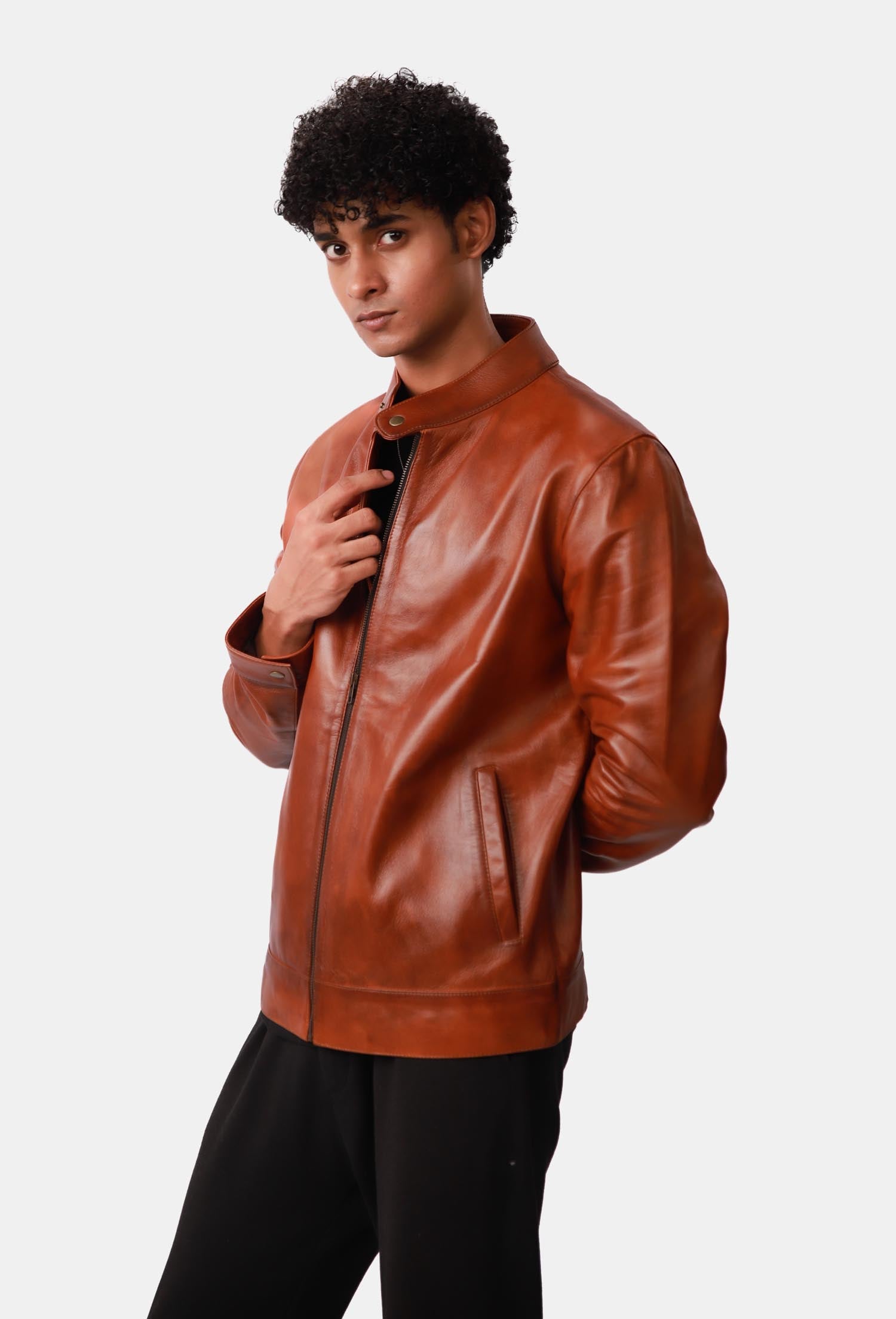 Blockbeat Reddish Brown Leather Biker Jacket