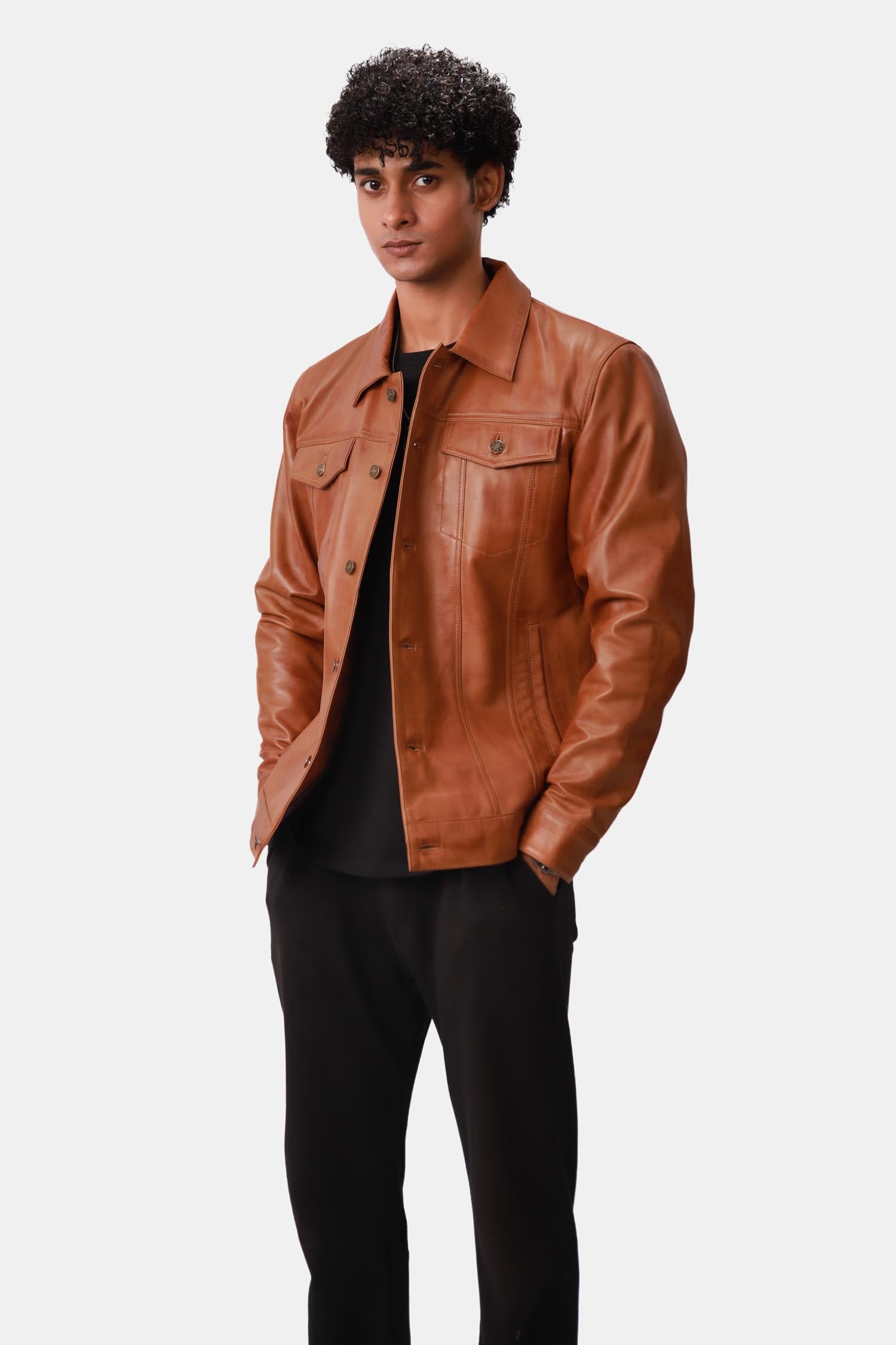 Wicked Sienna Brown Leather Trucker Jacket For Men