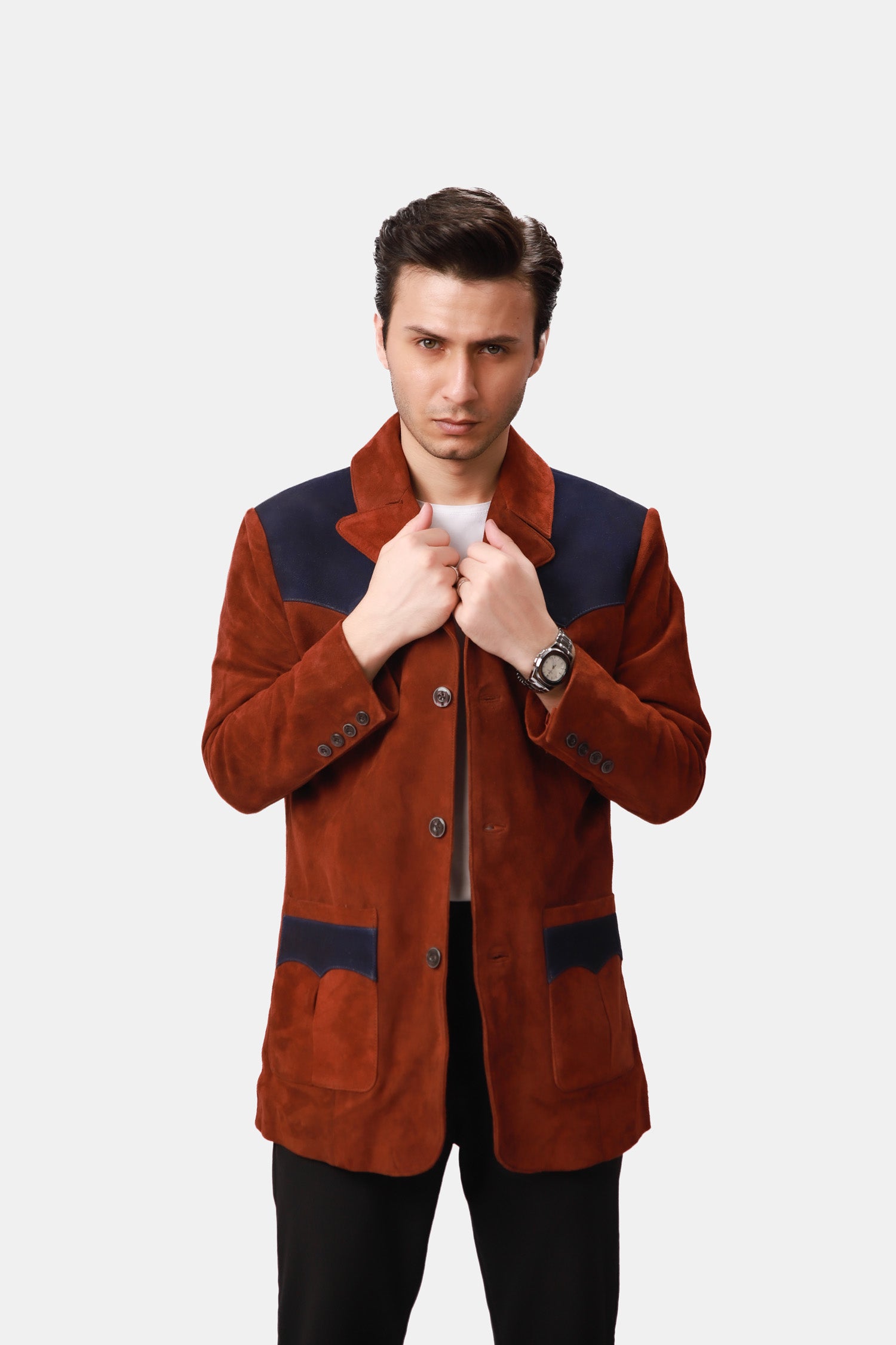 Cillian Rust Brown Suede Leather Blazer With Cotton Patches For Men