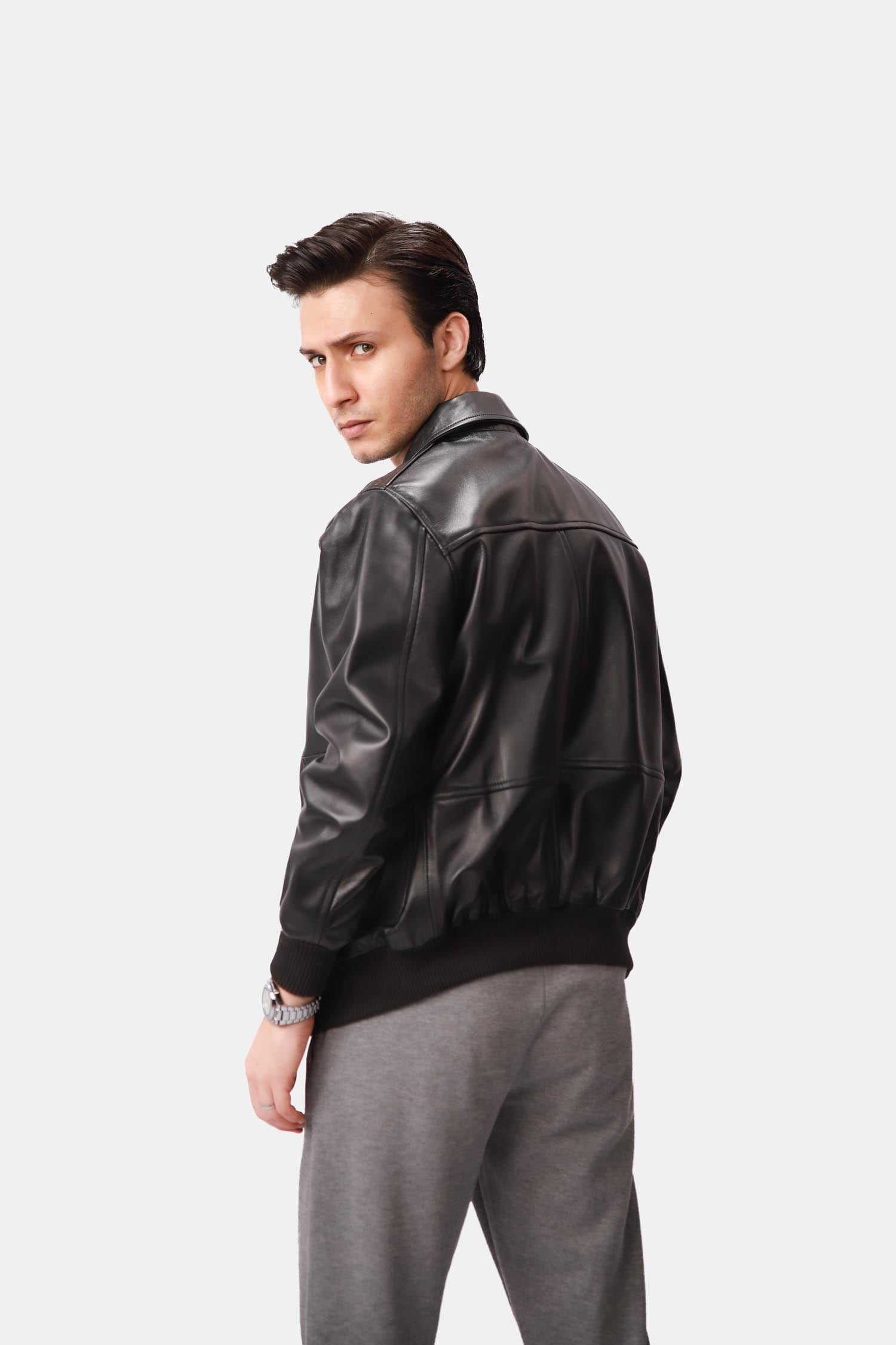 Bane Black Leather Bomber Jacket For Men