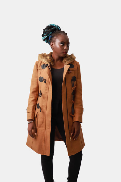 Brown Fur Wool Duffle Coat