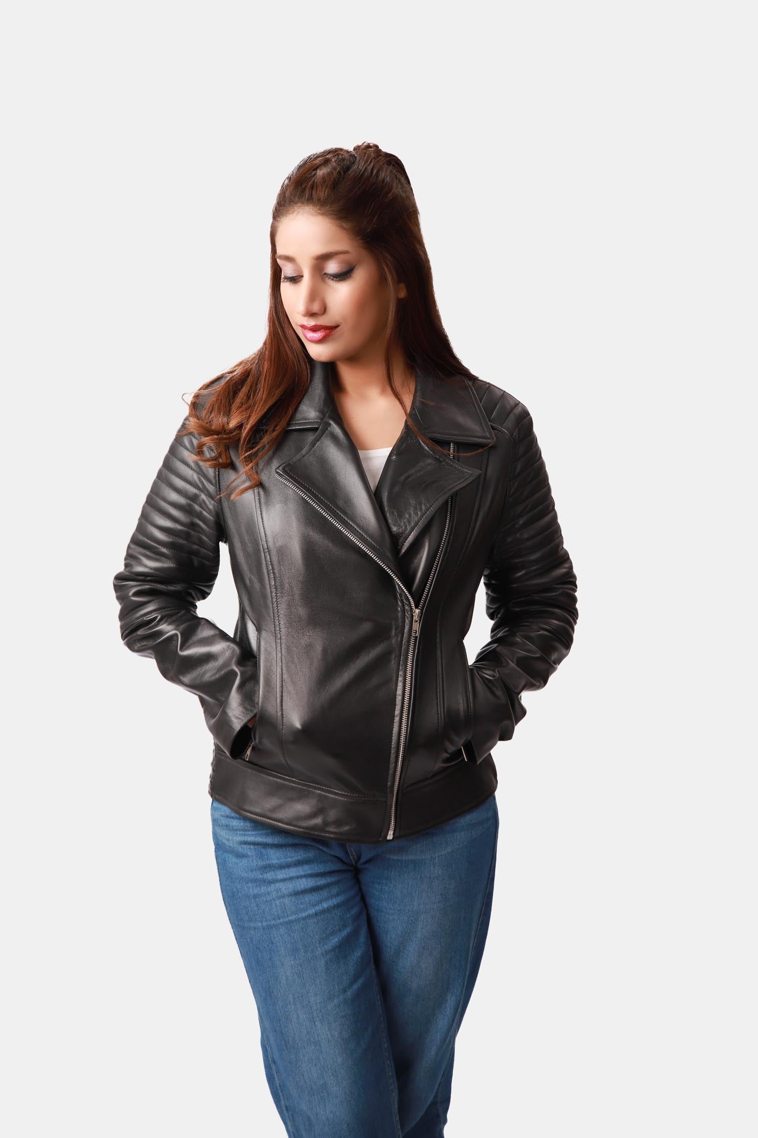 Lyra Black Leather Ribbed Pattern Biker Jacket For Women