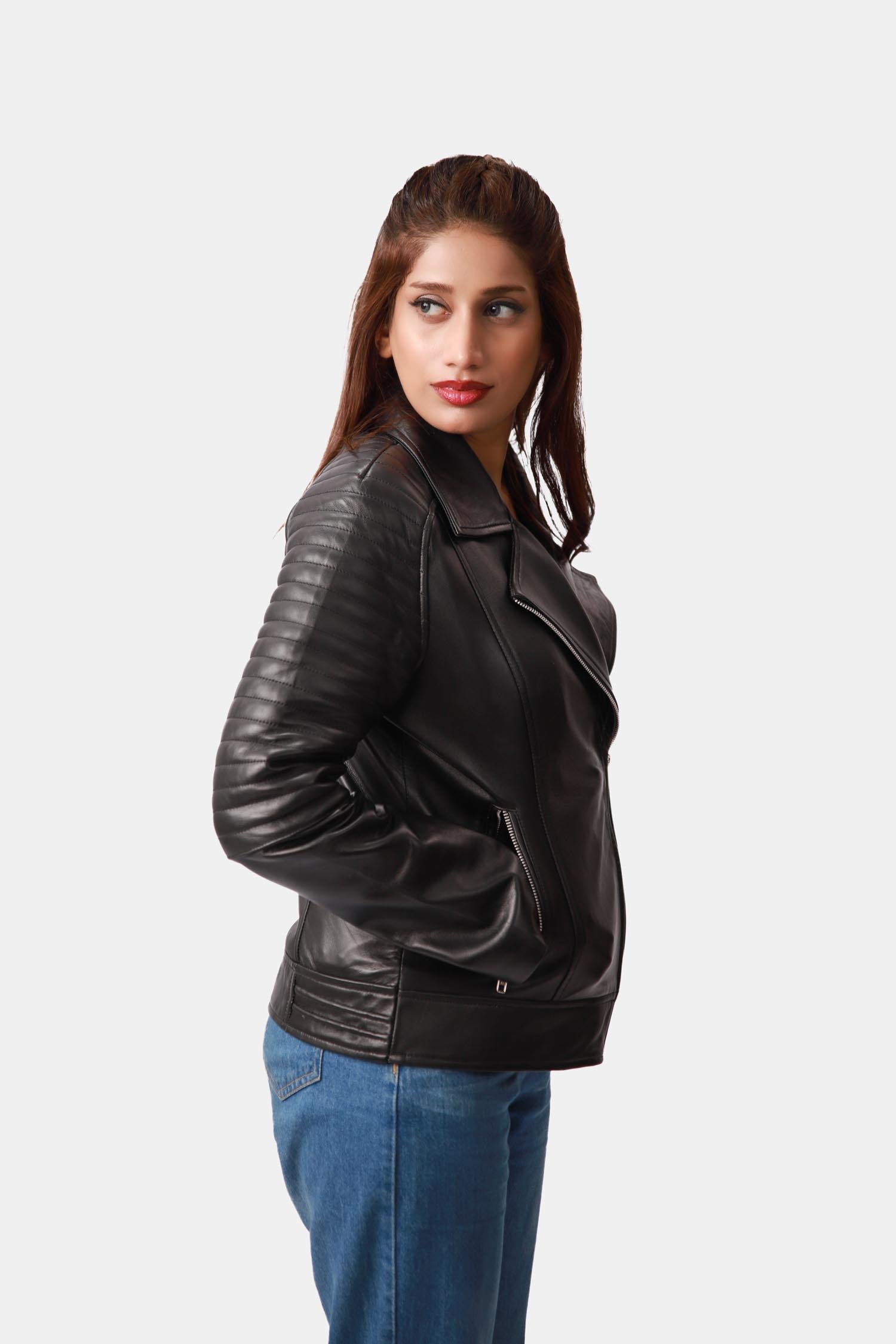 Lyra Black Leather Ribbed Pattern Biker Jacket For Women