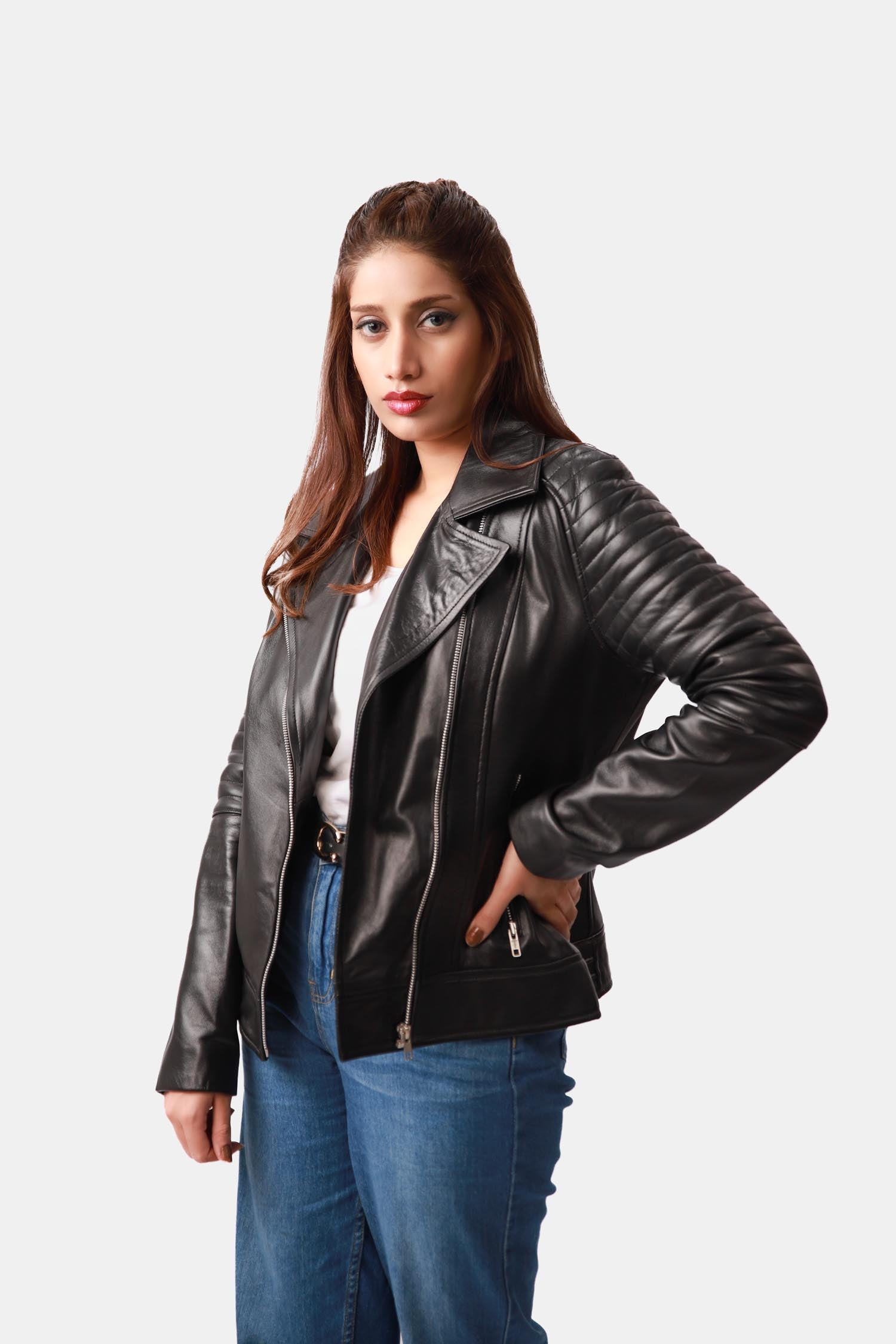 Lyra Black Leather Ribbed Pattern Biker Jacket For Women