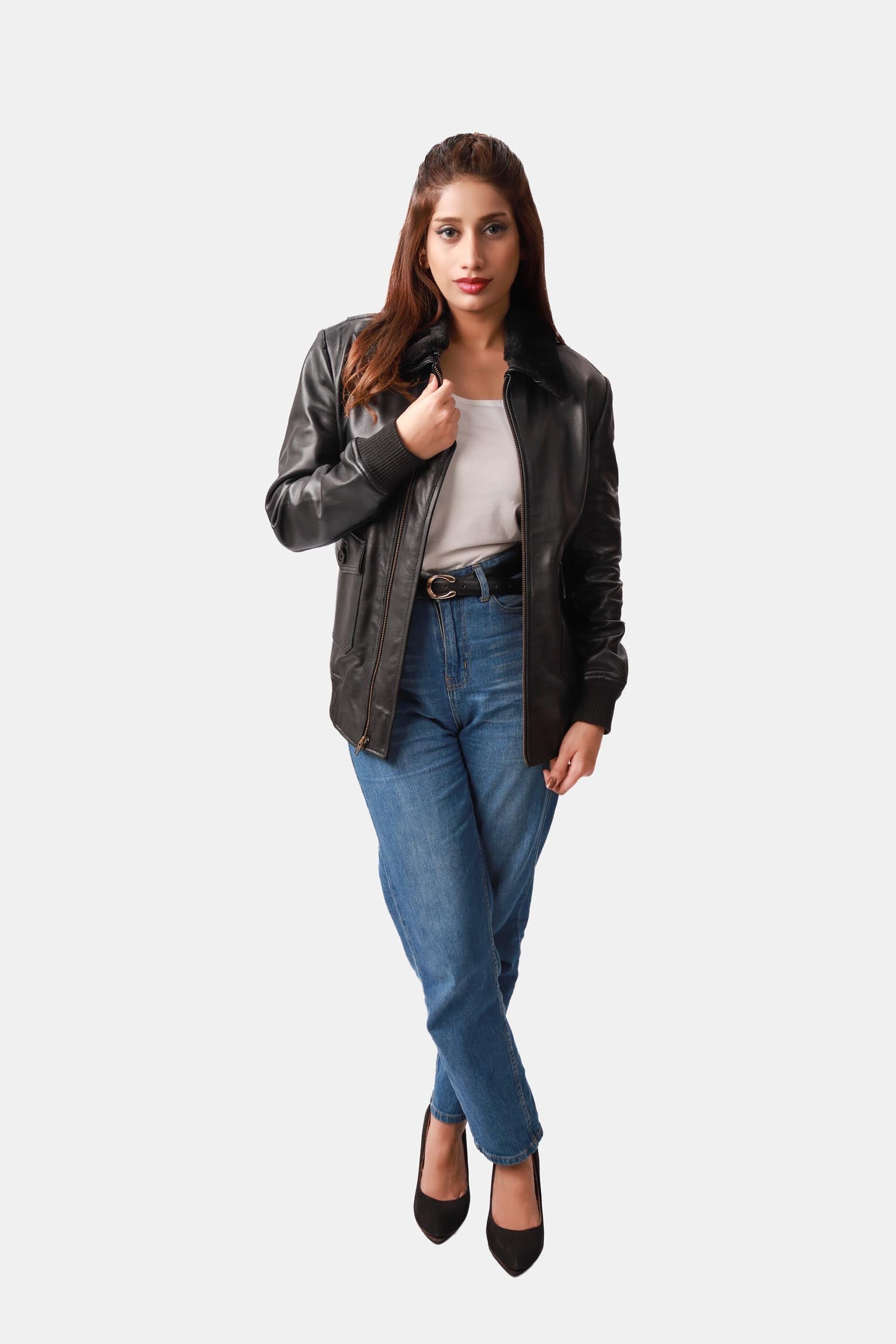 Lyrical Black Leather Bomber Jacket For Women