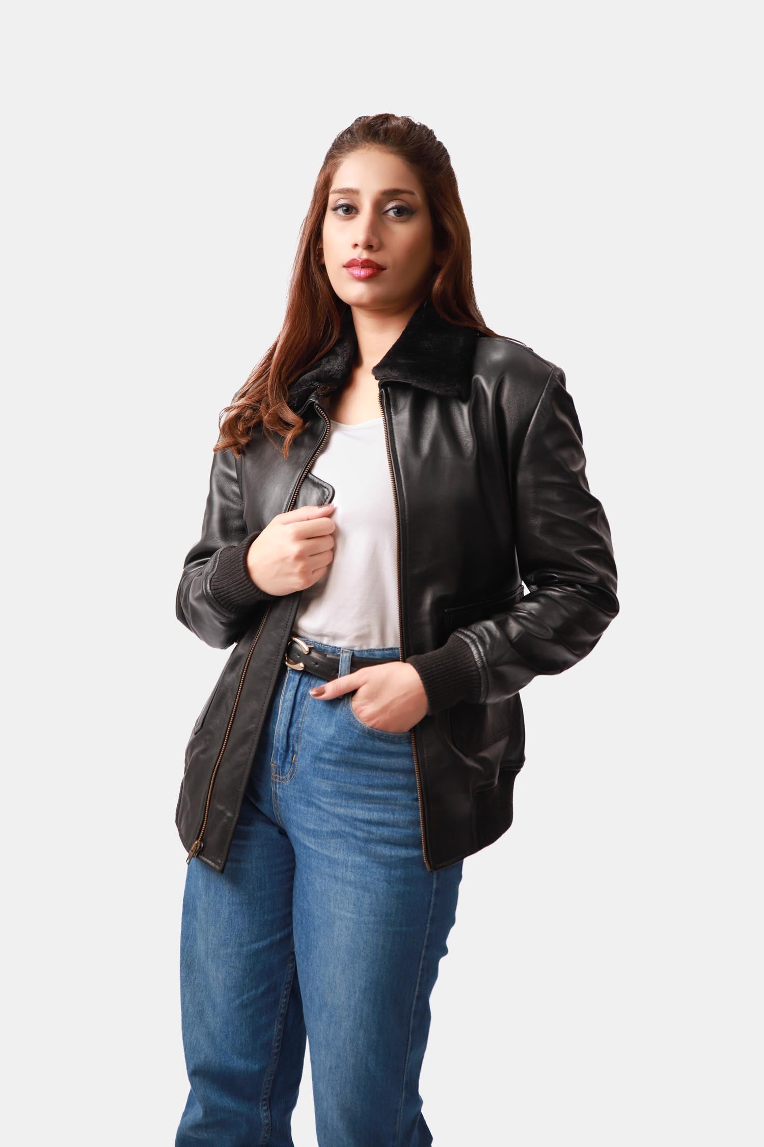Lyrical Black Leather Bomber Jacket For Women