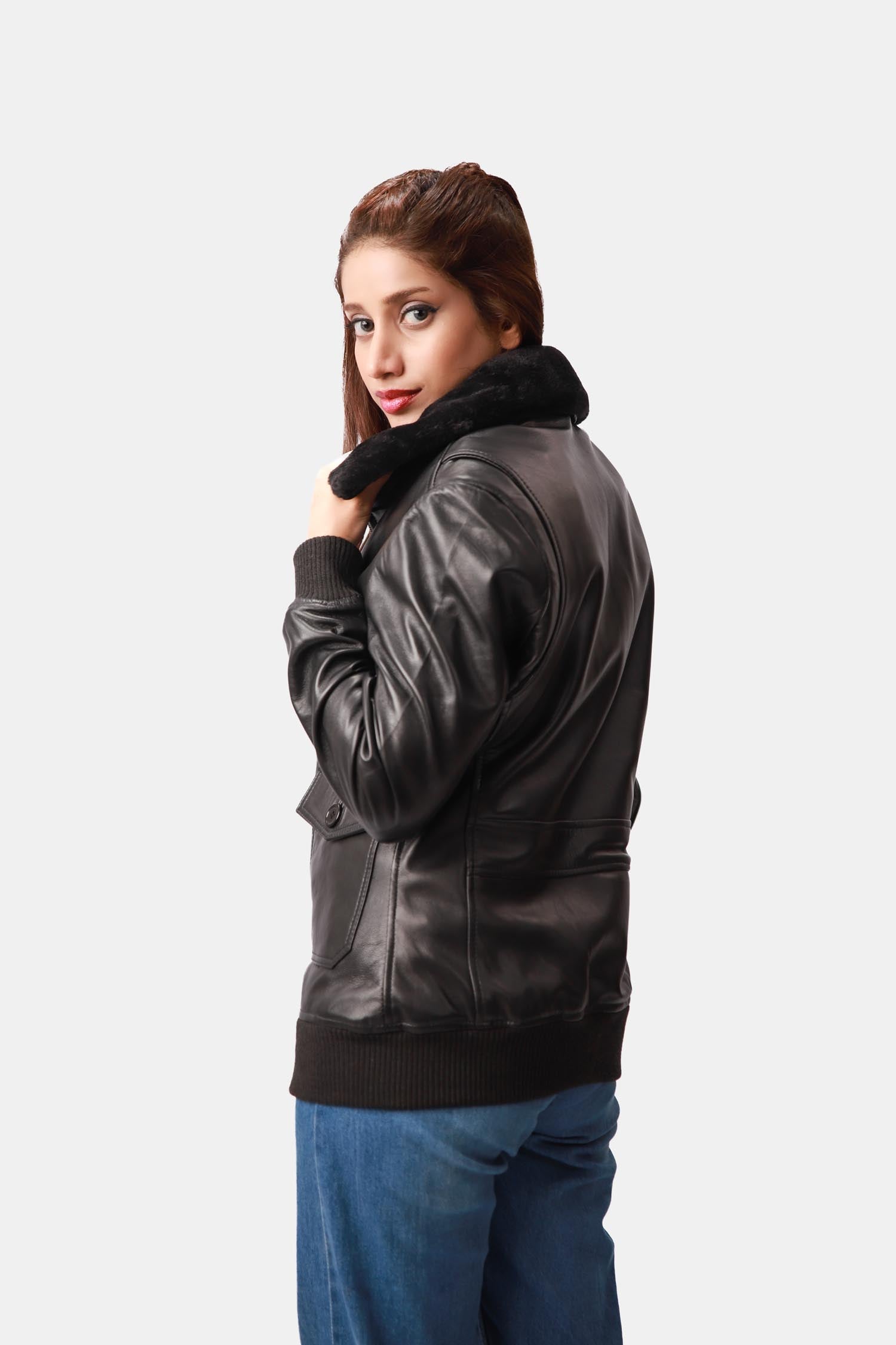 Lyrical Black Leather Bomber Jacket For Women