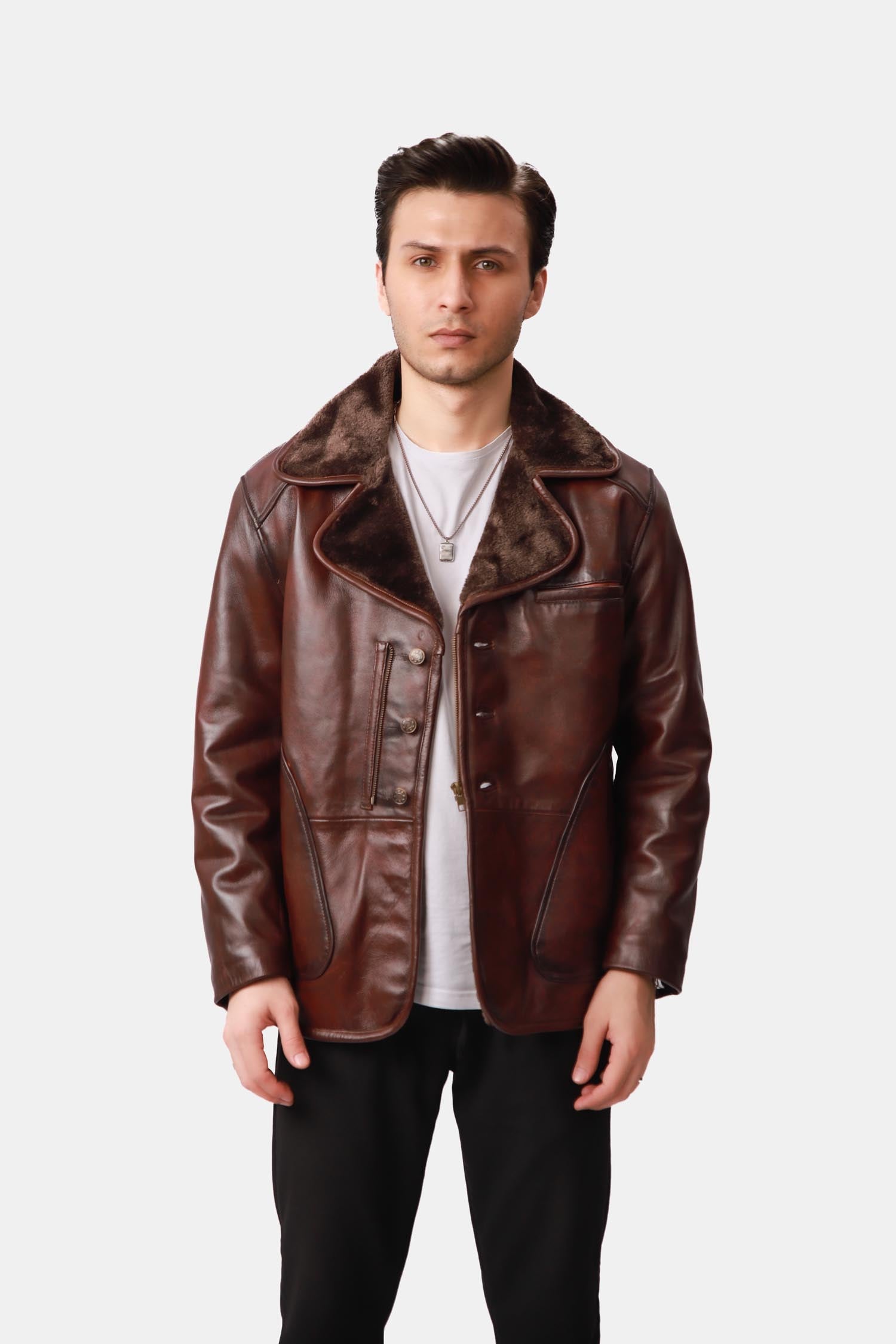 Brown Single-Breasted Leather PeaCoat 