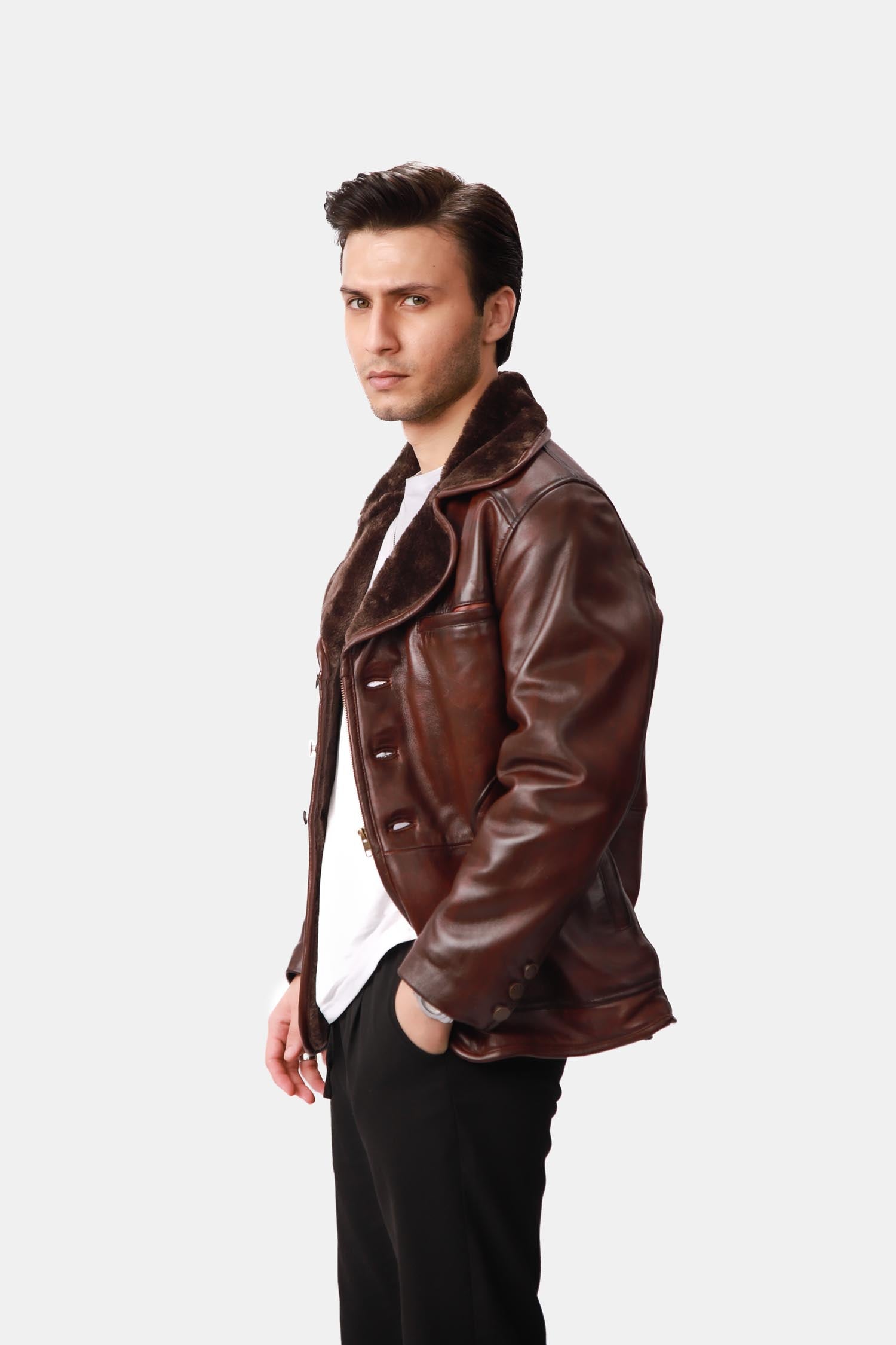Brown Single-Breasted Leather PeaCoat 