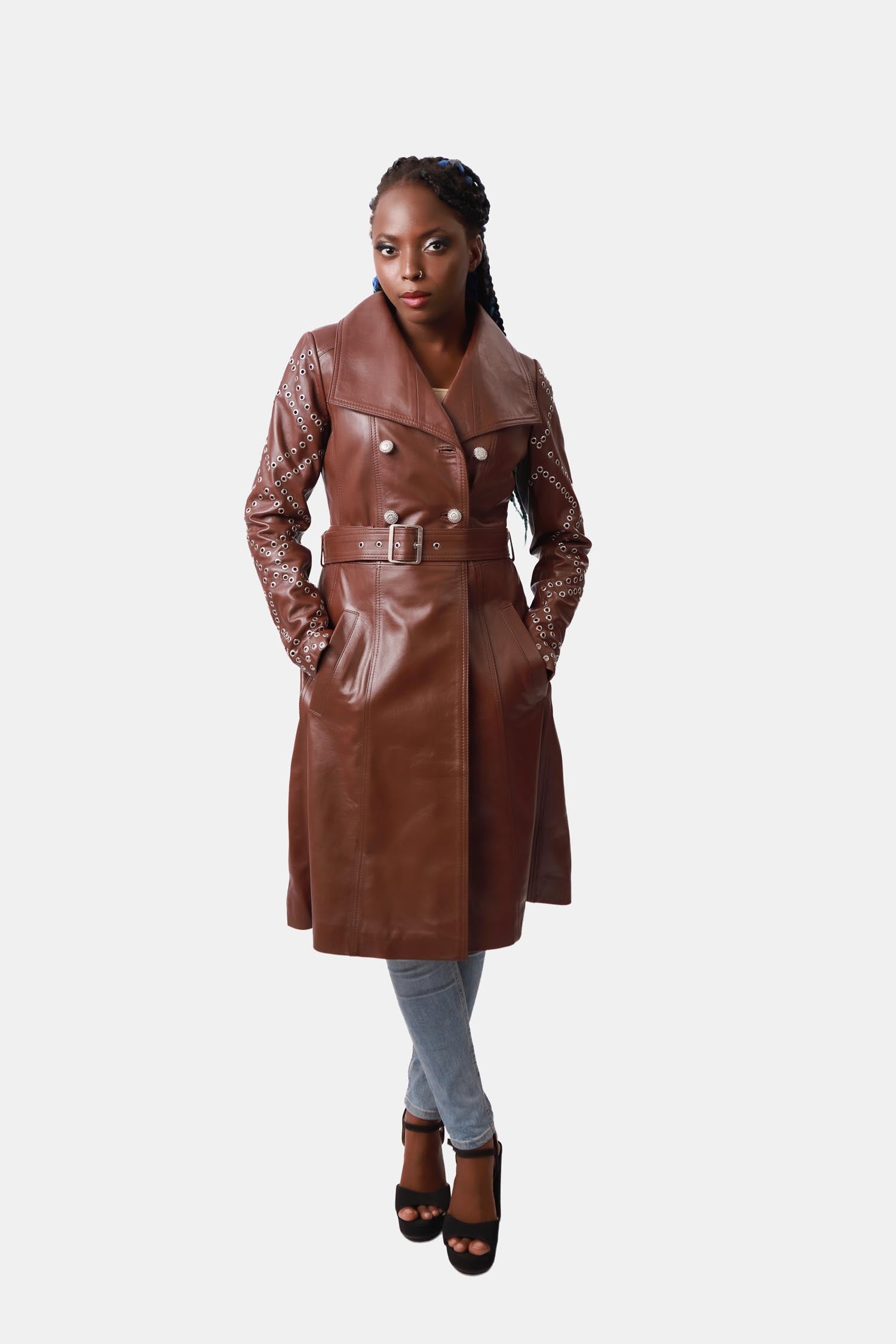 Majestic Chocolate Brown Double-breasted Leather Trench Coat For Women