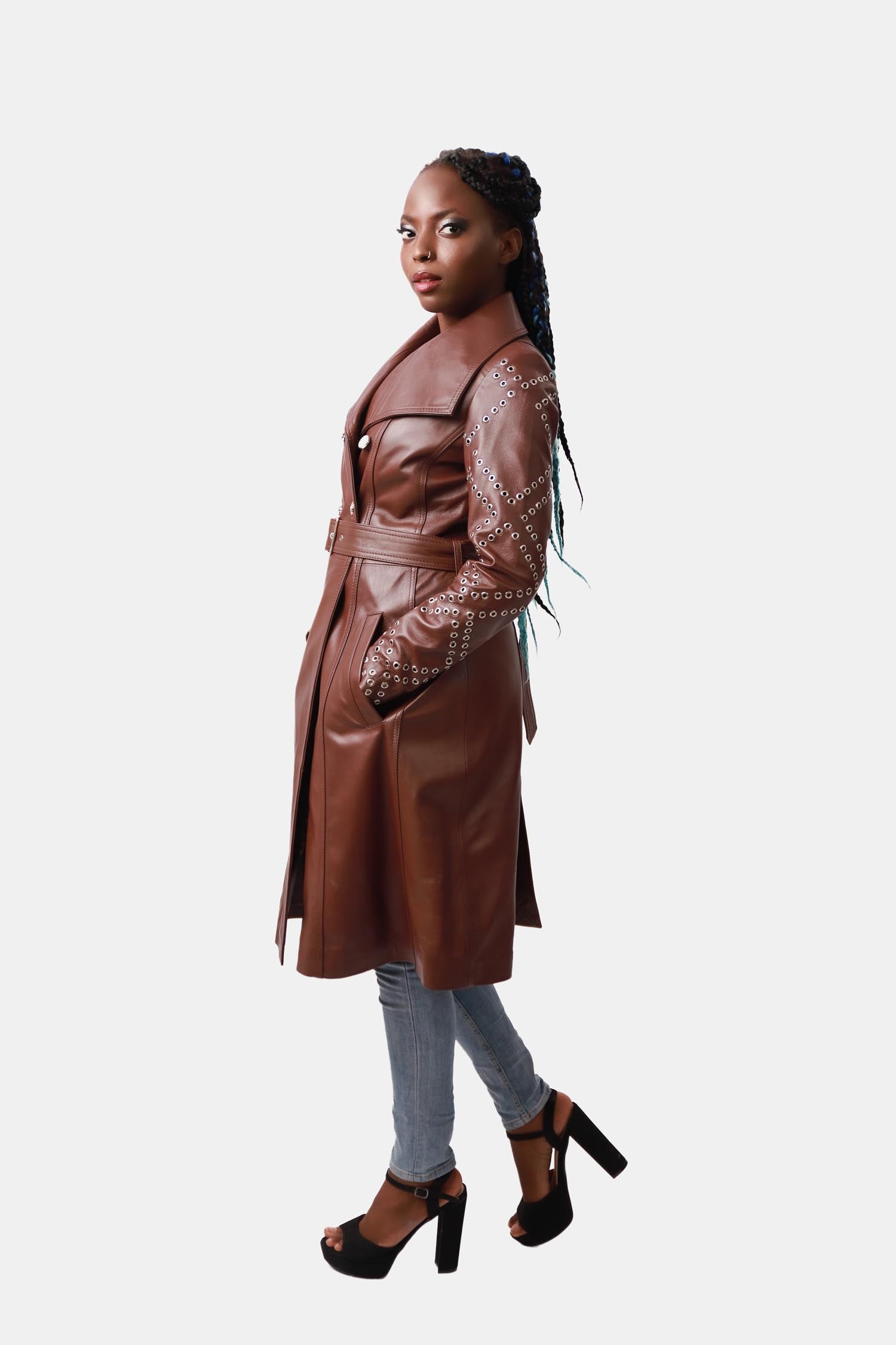 Majestic Chocolate Brown Double-breasted Leather Trench Coat For Women