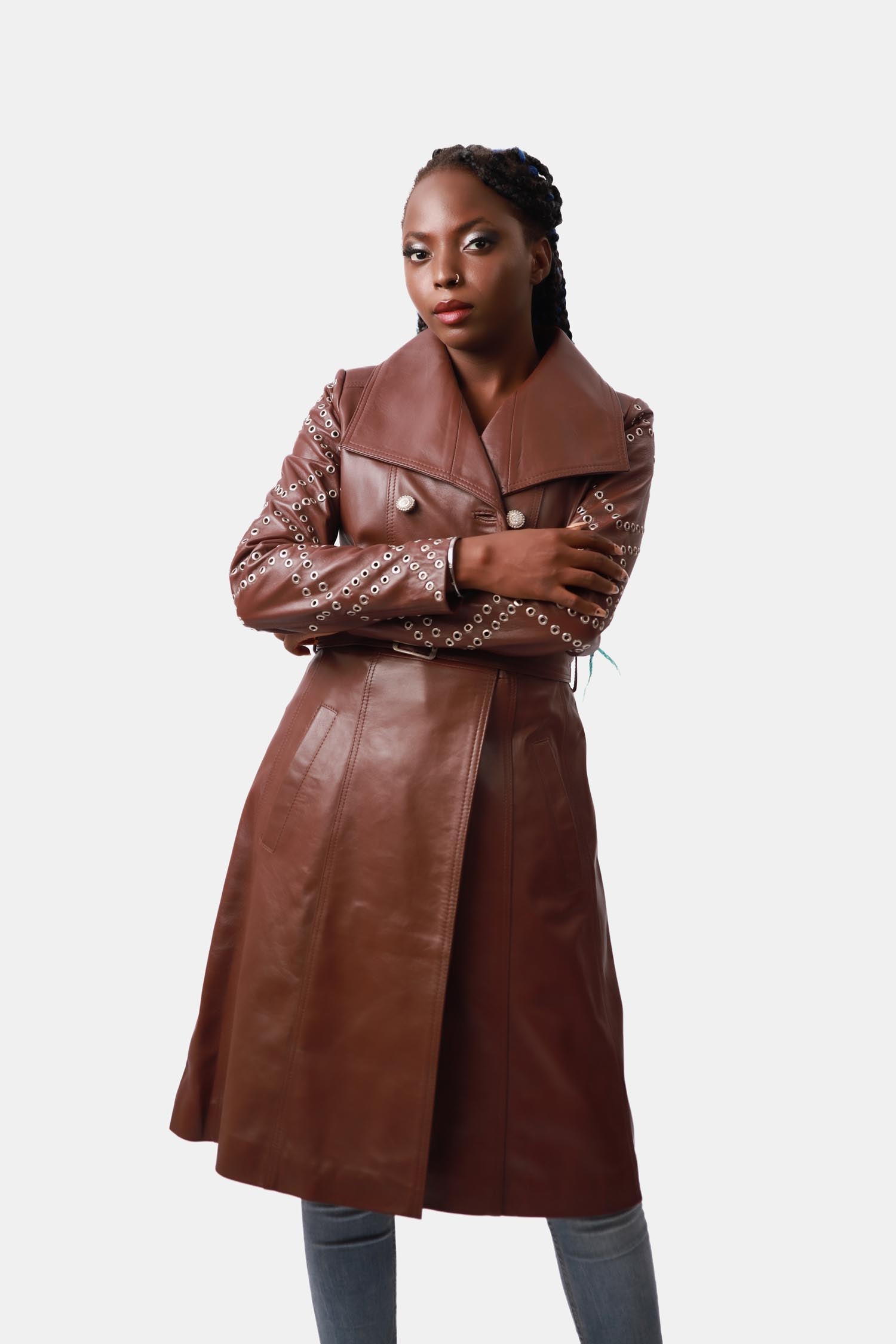 Majestic Chocolate Brown Double-breasted Leather Trench Coat For Women