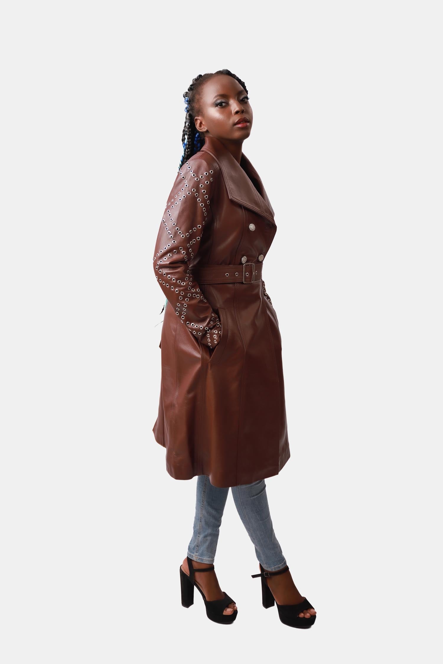 Majestic Chocolate Brown Double-breasted Leather Trench Coat For Women