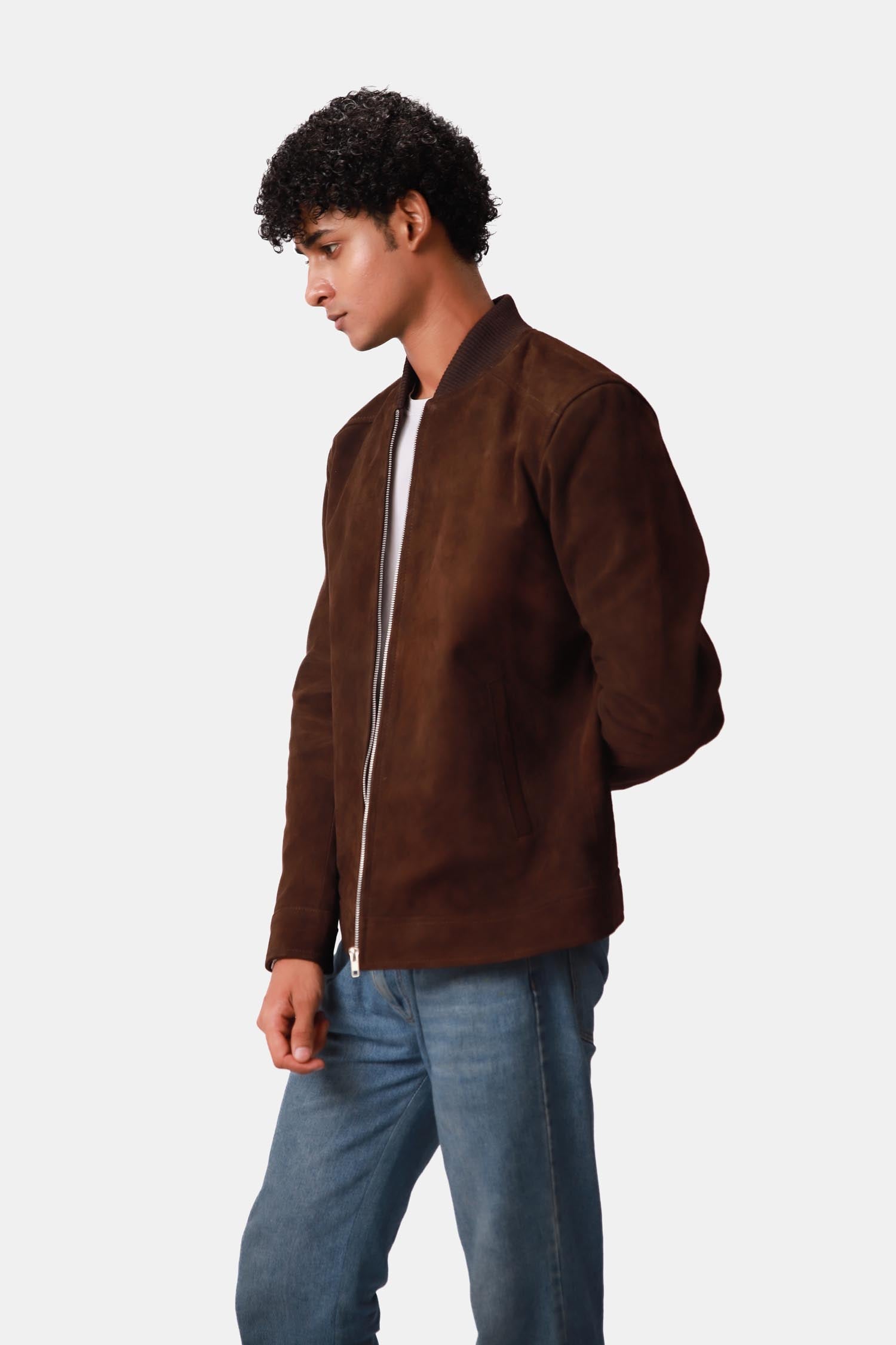 Brown Suede Leather Bomber Jacket